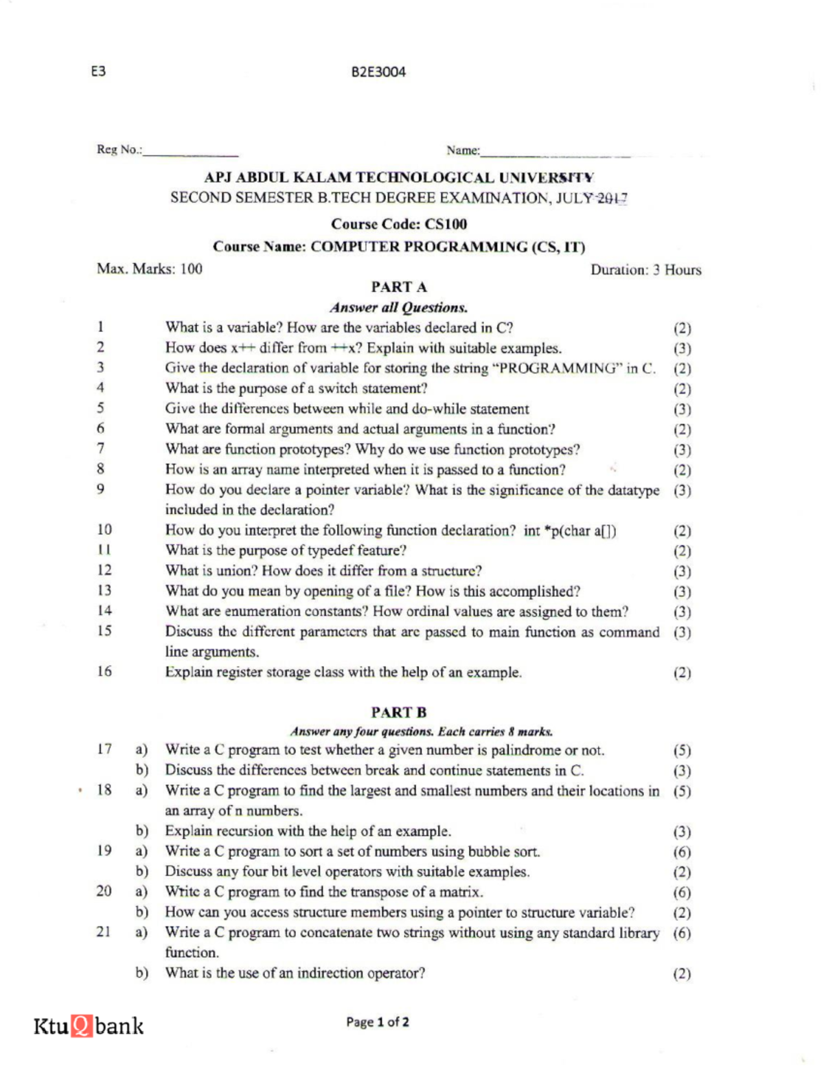 July-2017 - question - Programming In C - VIEW OTHER QUESTION PAPERS ...