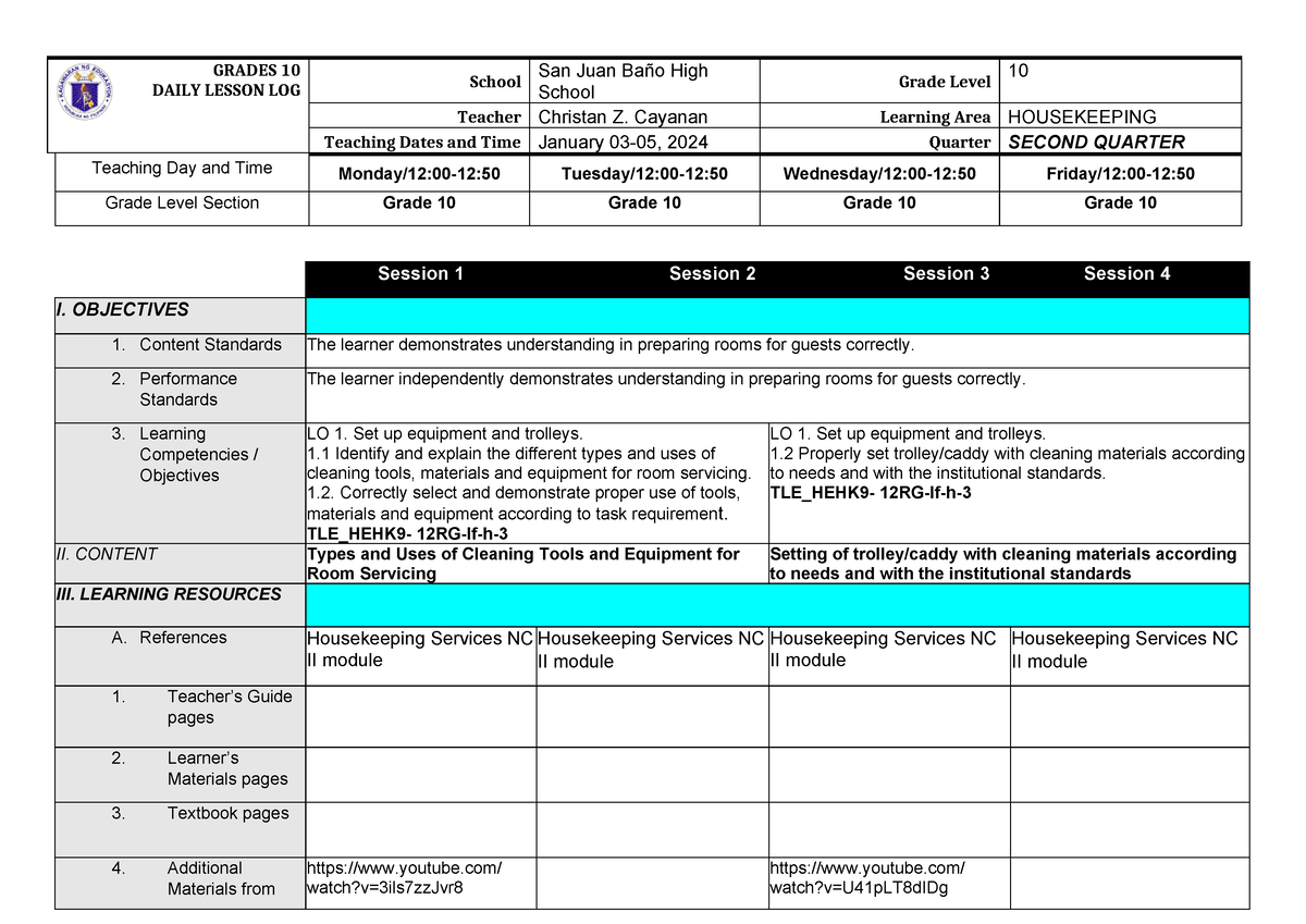 Q2 Week1-DLL-Grade-10 - GRADES 10 DAILY LESSON LOG School San Juan Baño ...