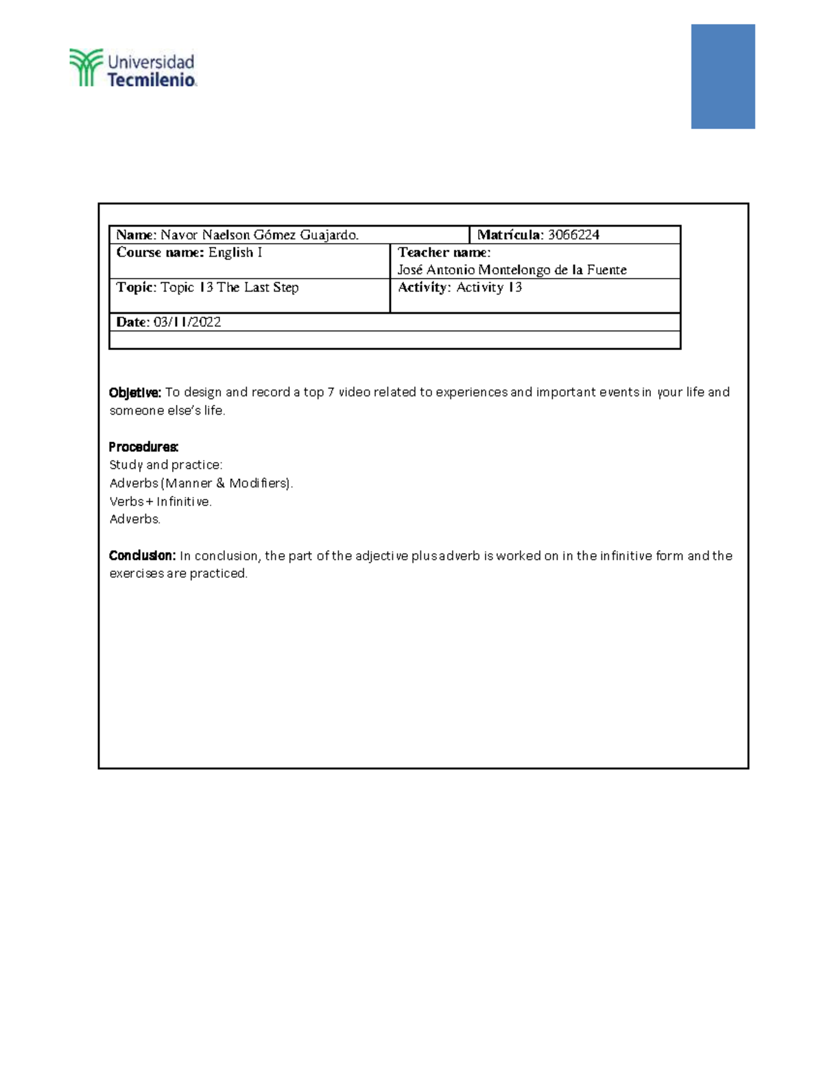 Activity 13 format - Actividad 13 de ingles - Name: Navor Naelson Gómez ...