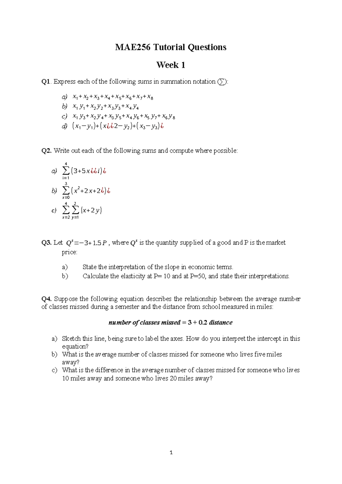 Tute Questions Week 1 - yeh - MAE256 Tutorial Questions Week 1 Q1 ...