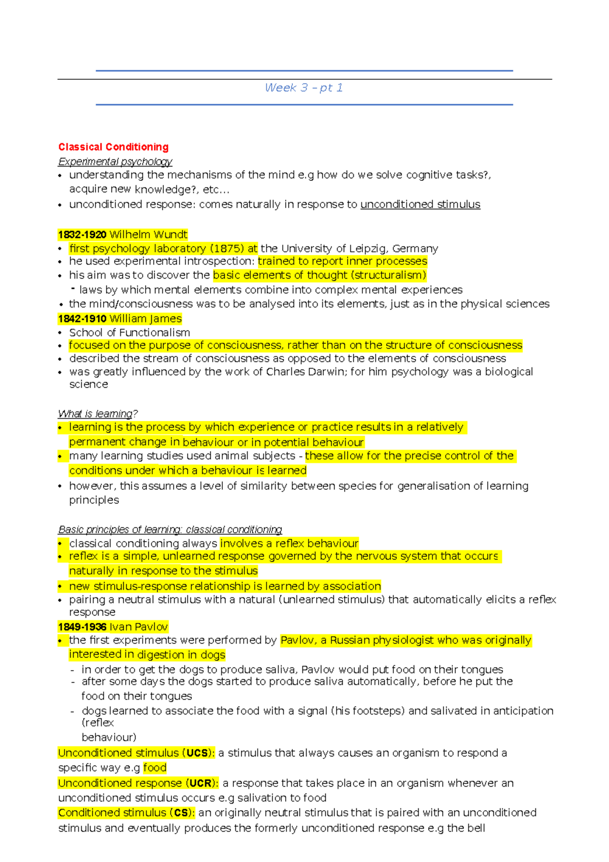 Week 3 pt 1 - Lecture notes 1 - Week 3 – pt 1 Classical Conditioning ...