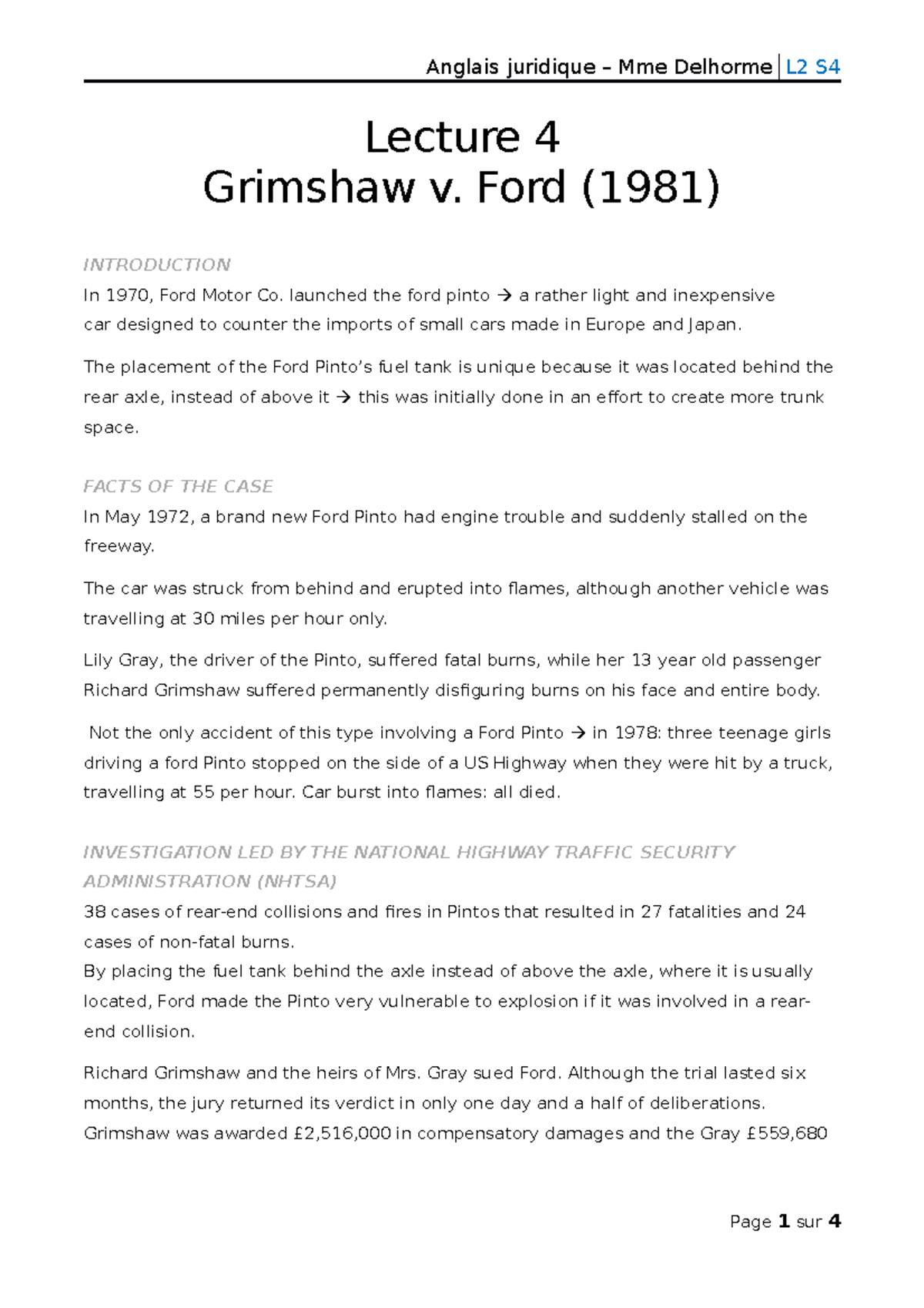 Lecture 4 Grimshaw v. Ford (1981) Lecture 4 Grimshaw v. Ford (1981