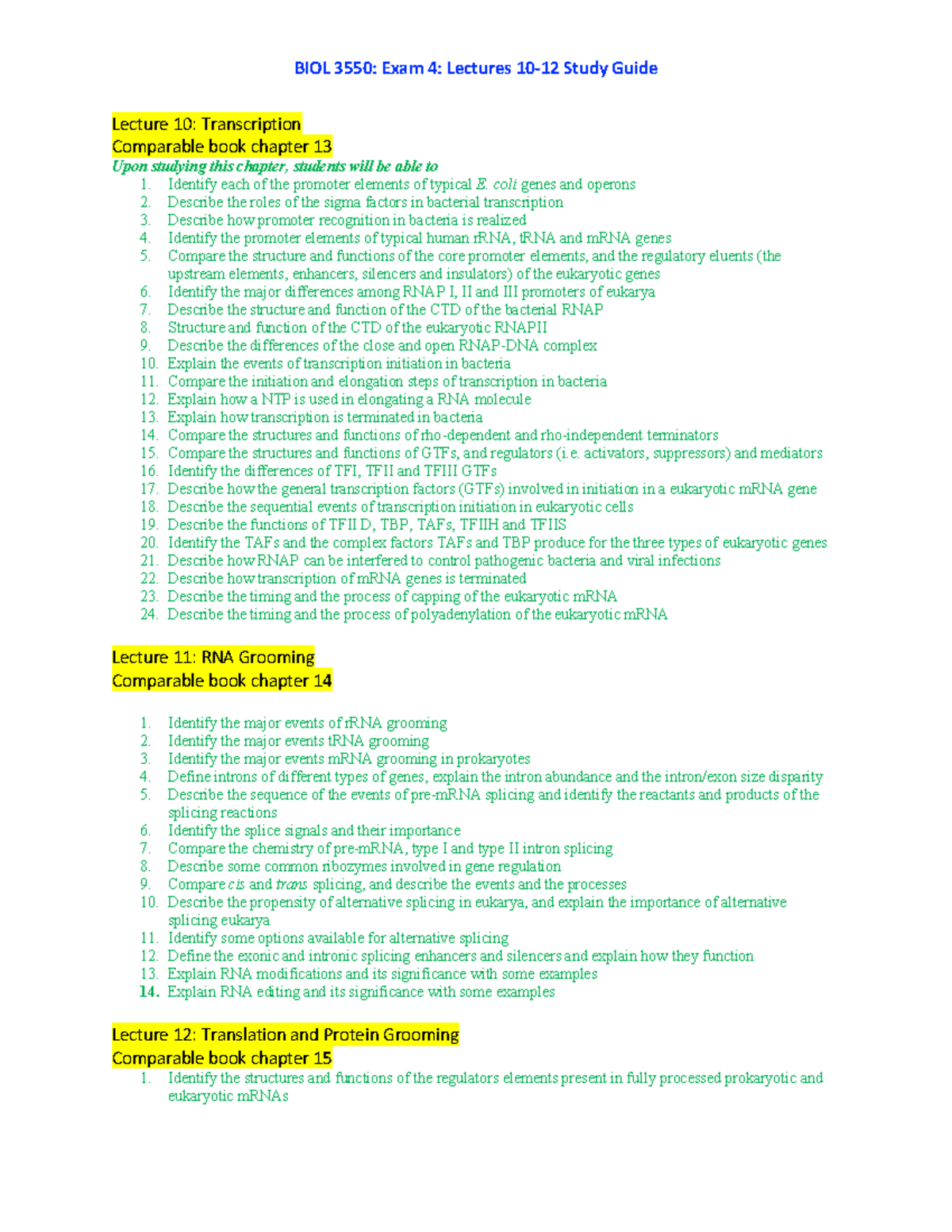 Exam 4 Study Guide - Summary Molecular Biology - BIOL 3550: Exam 4 ...