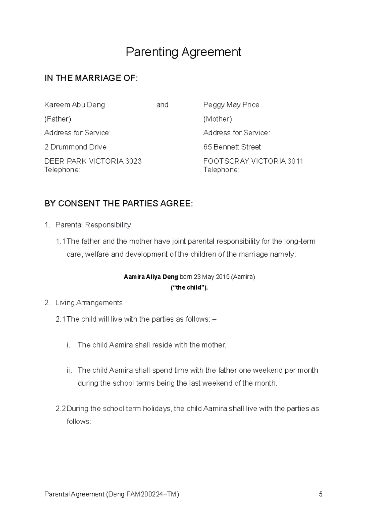 02.4. Final Parental Agreement (FAM2002 24-TM) - Parenting Agreement IN ...