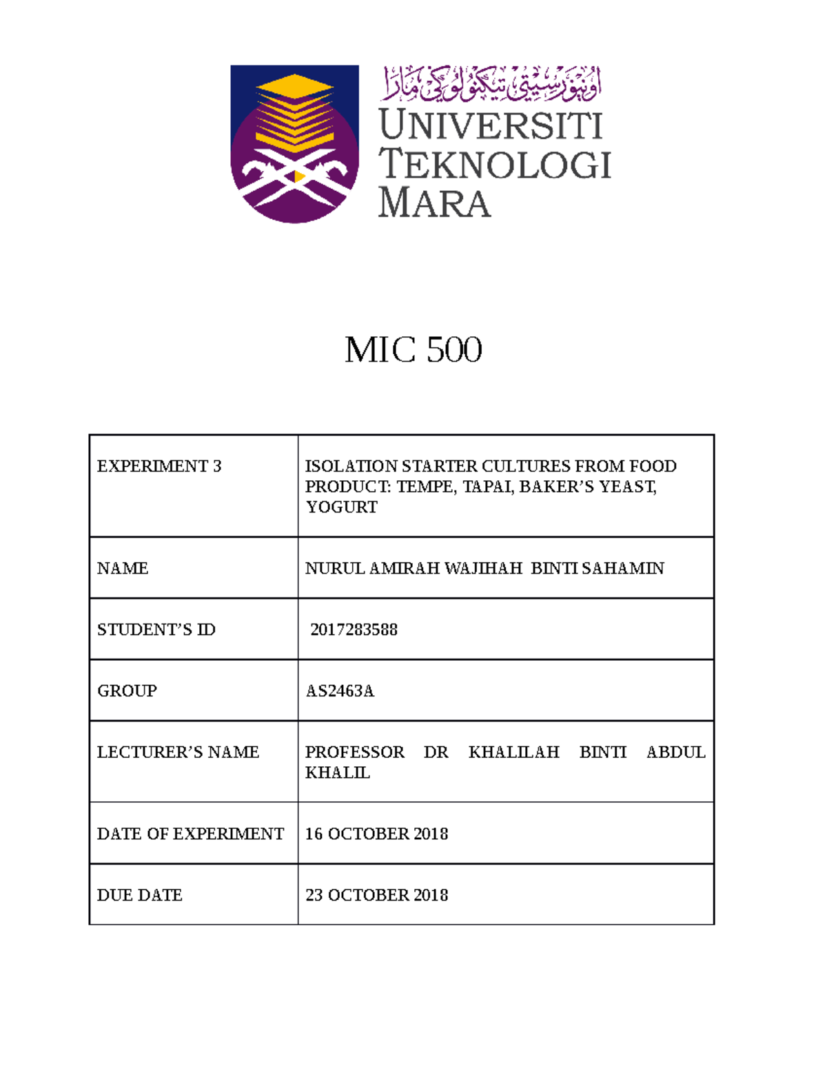 LAB Report 3 Lab reprt for MIC500 in uitm MIC 500 EXPERIMENT 3