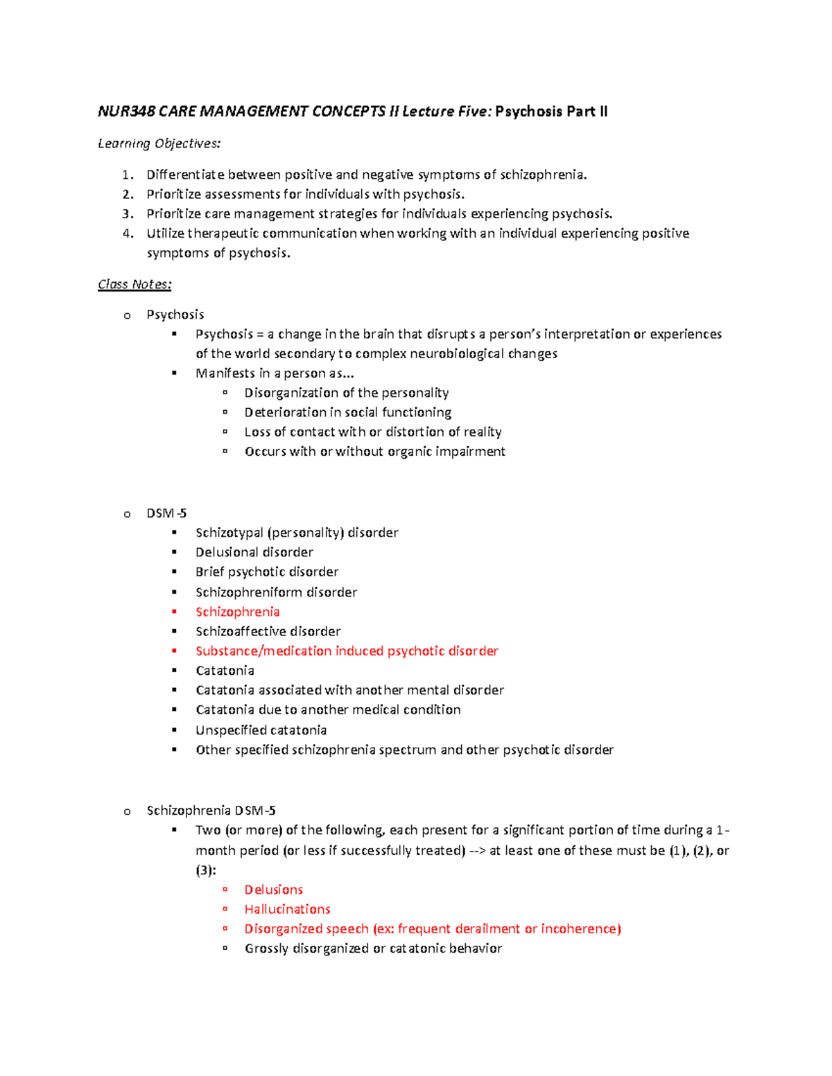 NUR 348 Lecture 5 (Psychosis Part II) - NUR348 CARE MANAGEMENT CONCEPTS ...