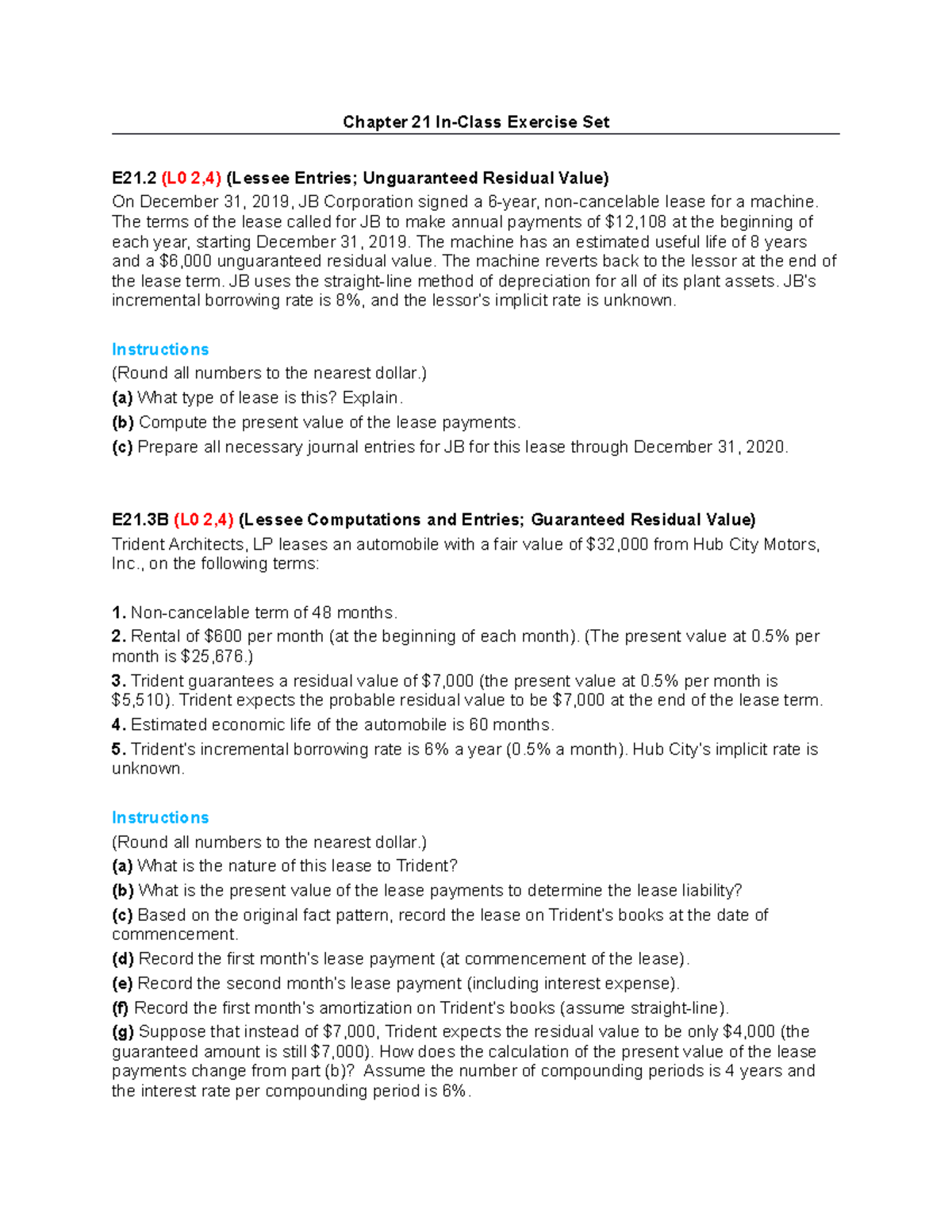 ACCT 301B - Ch 21-23 In-Class Exercises-2 - Chapter 21 In-Class Exercise Set E21 (L0 2,4 ...