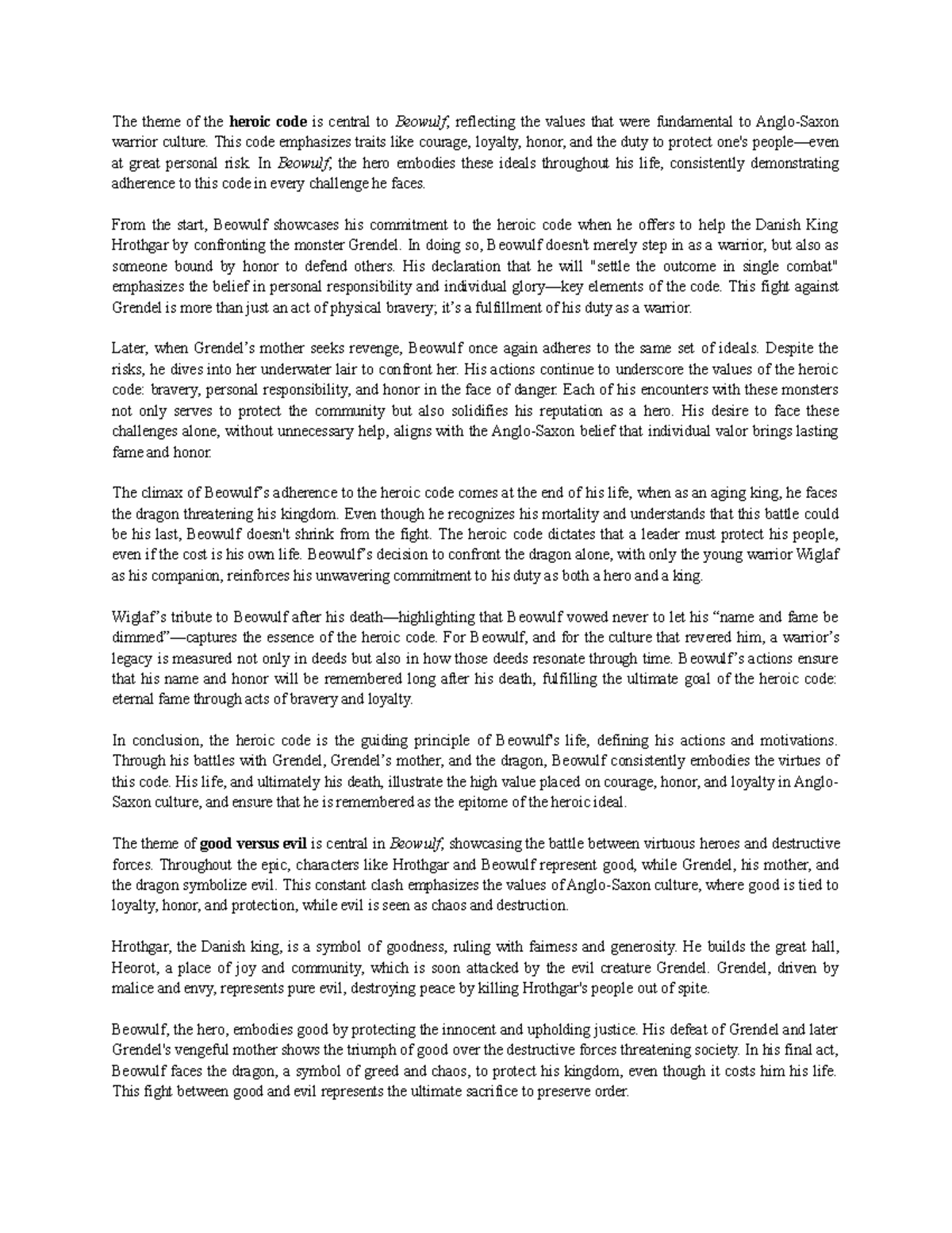 Beowul themes - The theme of the heroic code is central to Beowulf ...