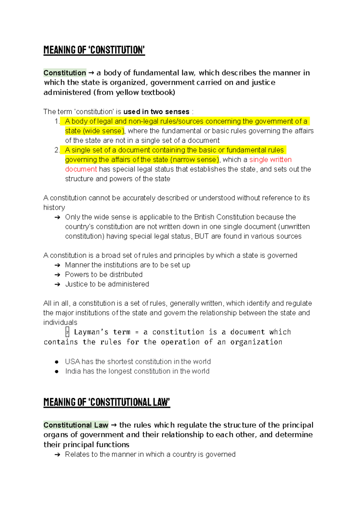 Chapter 1 Constitutions - Meaning of ‘Constitution’ Constitution → a ...