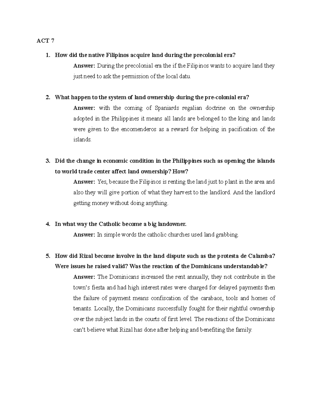 A7 - A Chapter 7 - ACT 7 How did the native Filipinos acquire land ...