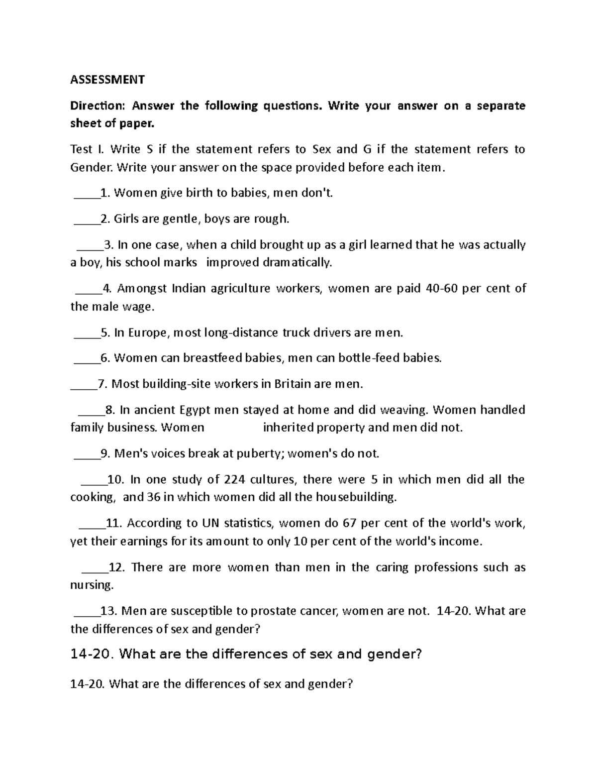 Gen and soc activity 1 - none - ASSESSMENT Direction: Answer the ...