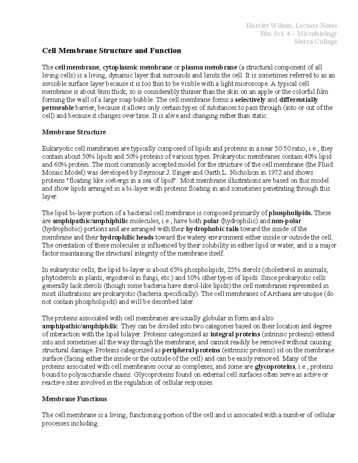 Cell membrane structure-and function - Harriet Wilson, Lecture Notes ...