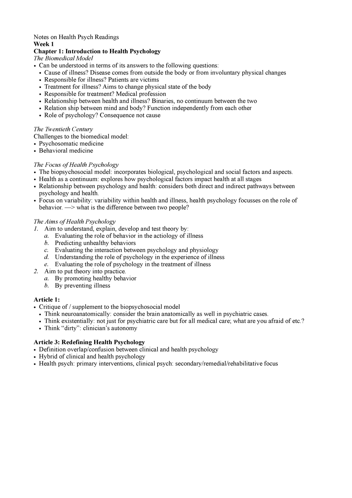 Week 1 Health Psychology - Notes on Health Psych Readings Week 1 ...