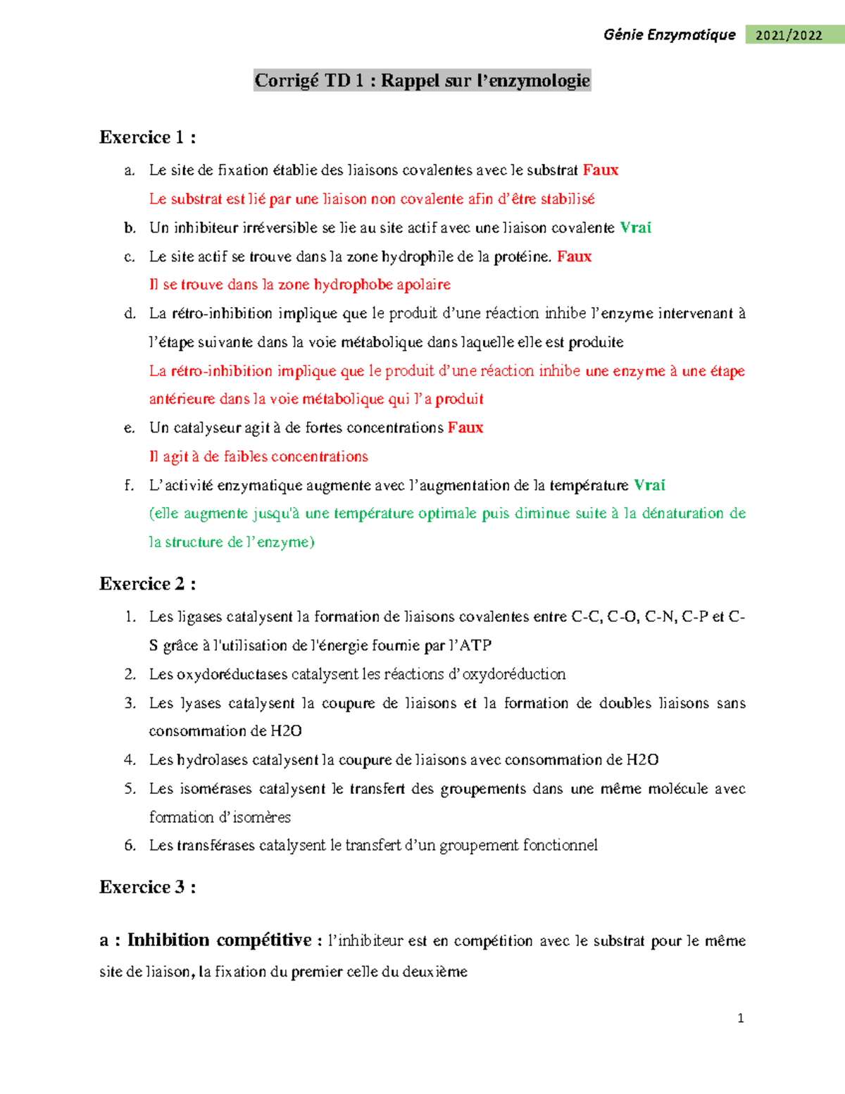 Corrigé TD1 - 1 Génie Enzymatique 2021/ Corrigé TD 1 : Rappel sur l ...
