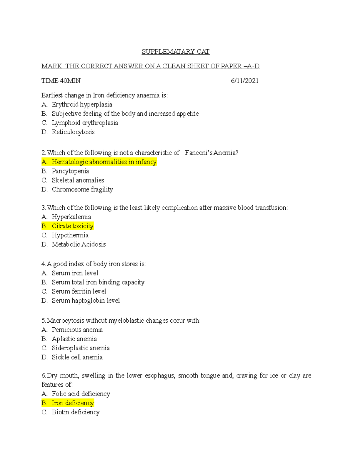 Supplematary CAT Heamatology Bachelor's of science in clinical