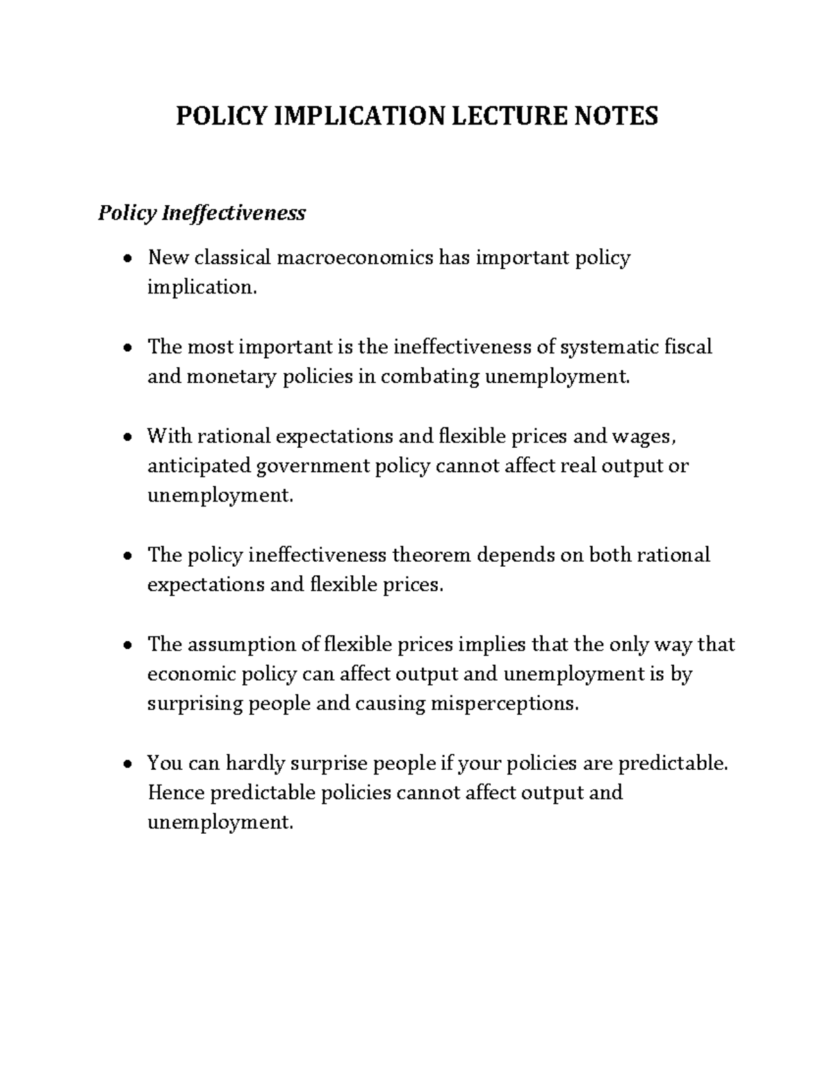 Policy Implication Lecture Notes - POLICY IMPLICATION LECTURE NOTES ...