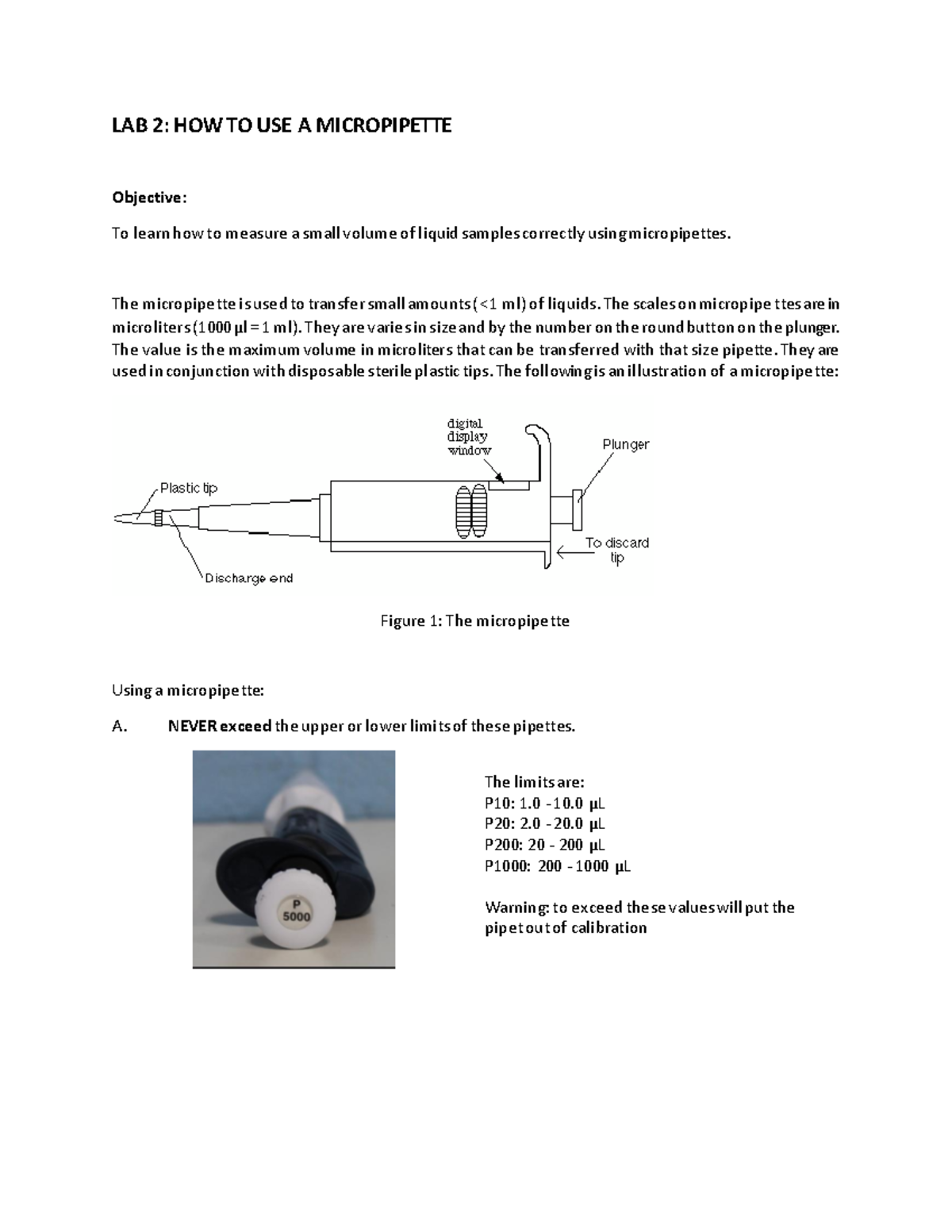 Prac Manual BMS481 Lab2 LAB 2 HOW TO USE A MICROPIPETTE Objective