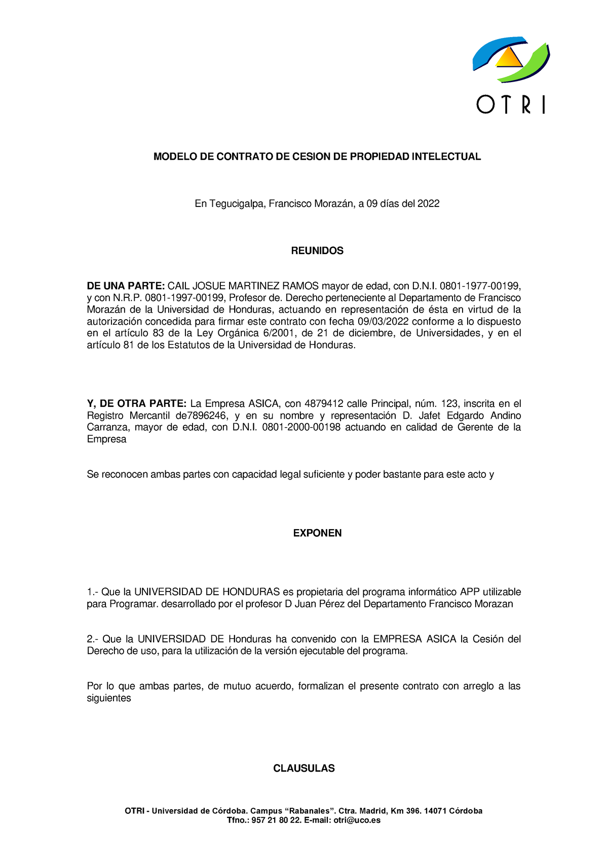 Modelo DE Contrato DE Cesion DE Propiedad Intelectual - OTRI - Universidad  de Córdoba. Campus - Studocu