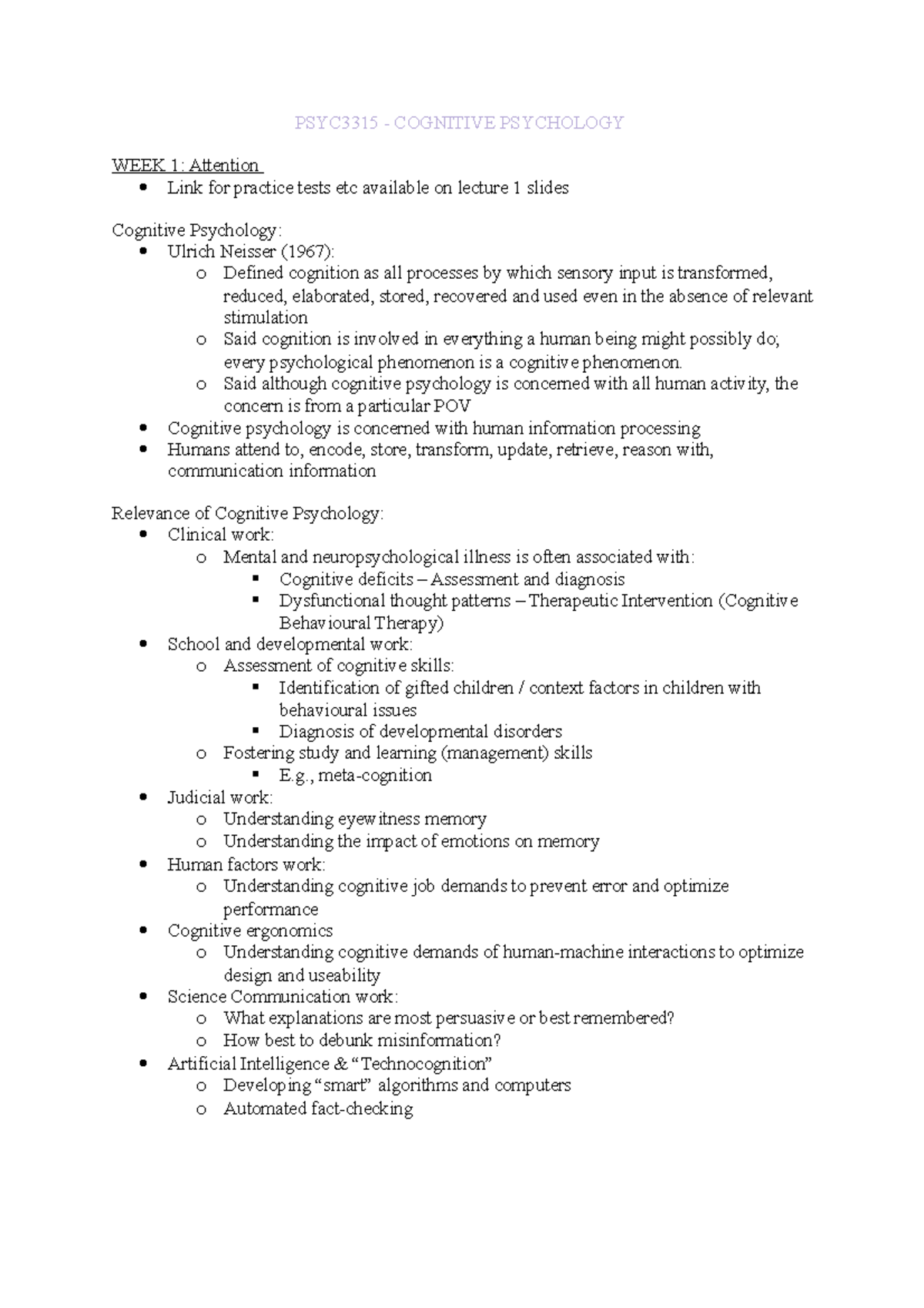 PSYC3315 Lecture Notes WEEKS 1 - 6 - PSYC3315 - COGNITIVE PSYCHOLOGY ...