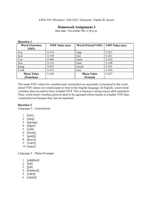 Homework 3 Assignment 3 Ling 330 Phonetics Fall Instructor Natalia Guzzo Homework Assignment Due Date November 9th 00 Question Word Voiceless Vot Vot Studocu