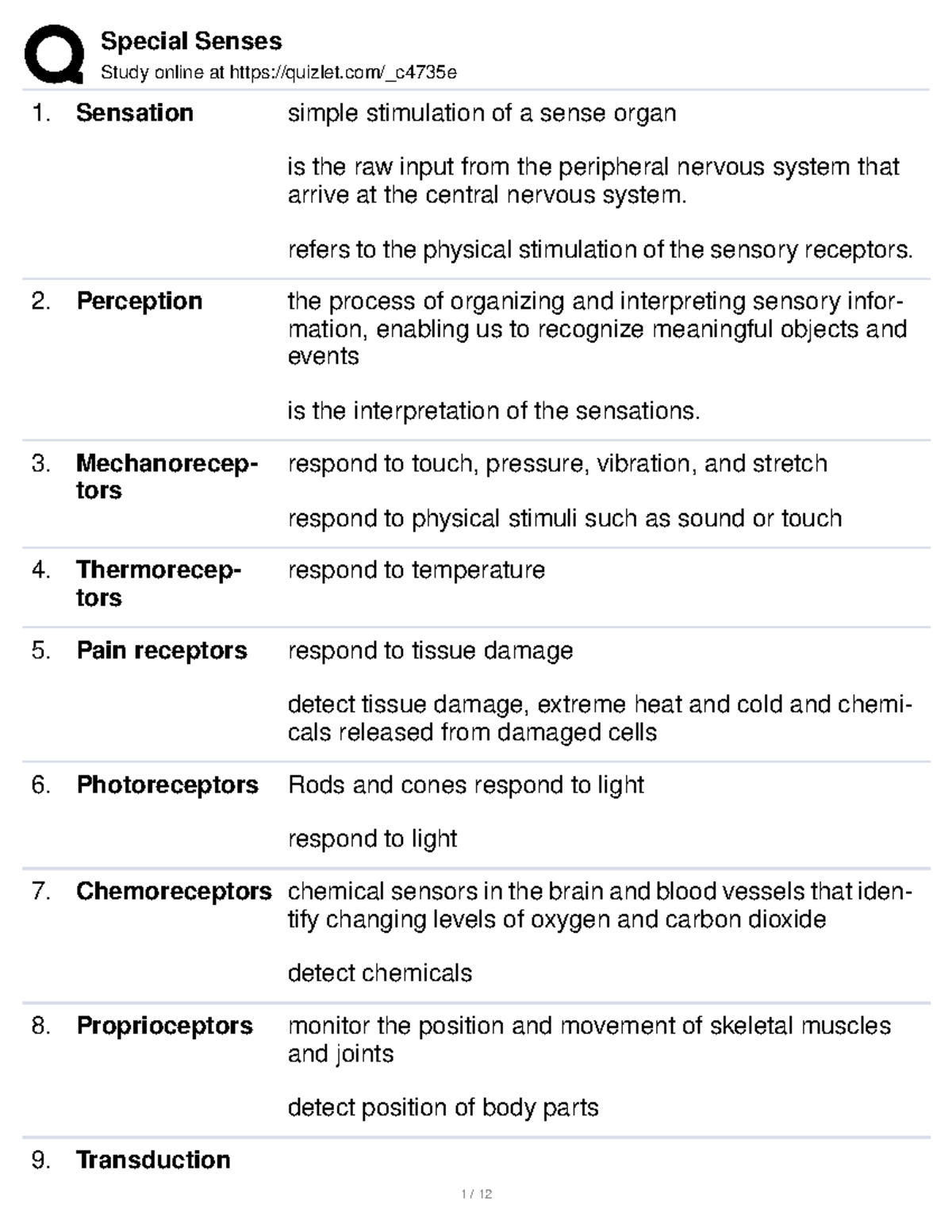 Special Senses - N A - Study Online At Quizlet  C4735e Sensation Simple 