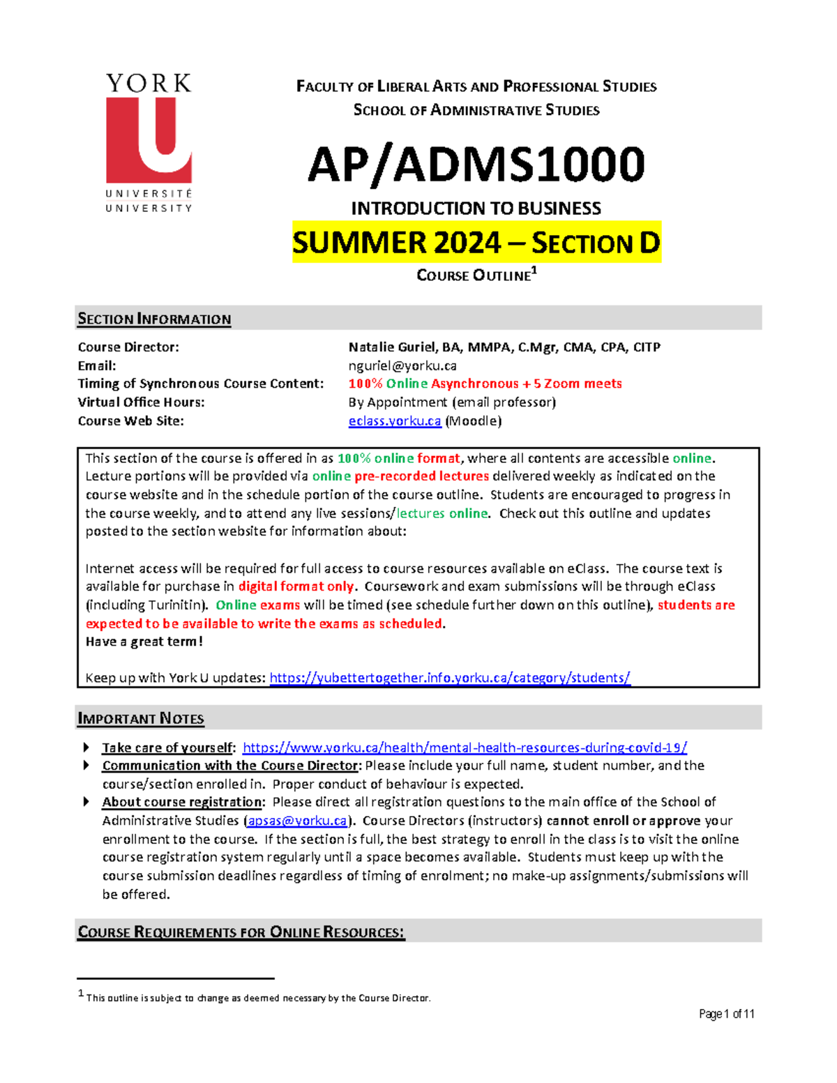ADMS 1000 Course Outline S24 - Section D - Updated April 19 - Page 1 of ...