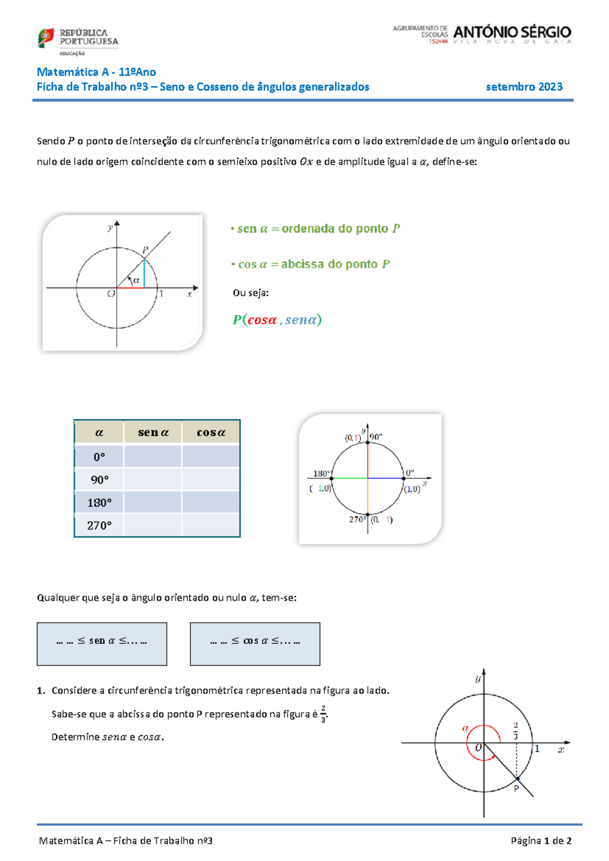 Ficha Seno E Cosseno No Circulo - Matemática A – Ficha De Trabalho Nº3 ...