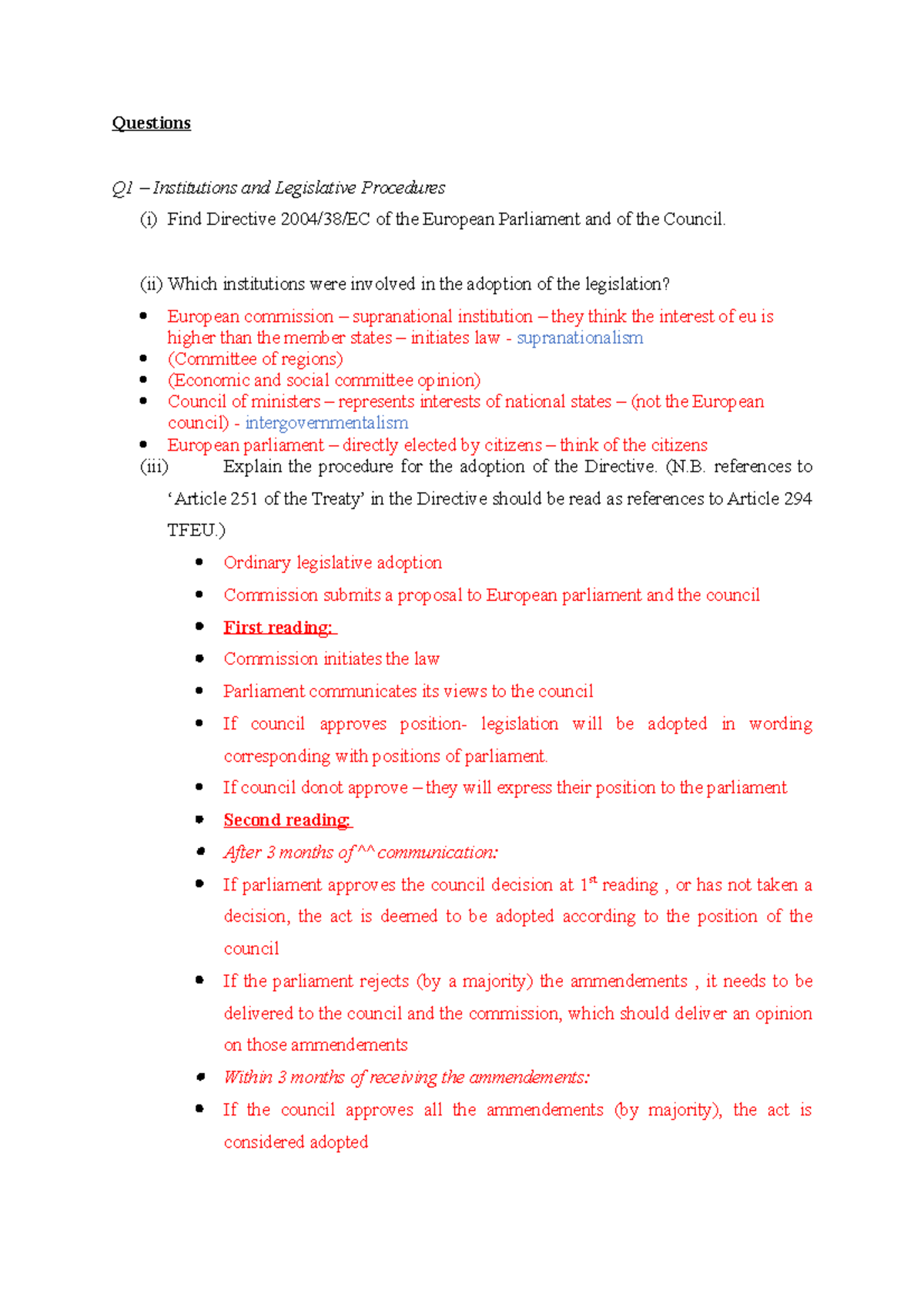 Tutorial 1 - Questions Q1 – Institutions and Legislative Procedures (i ...