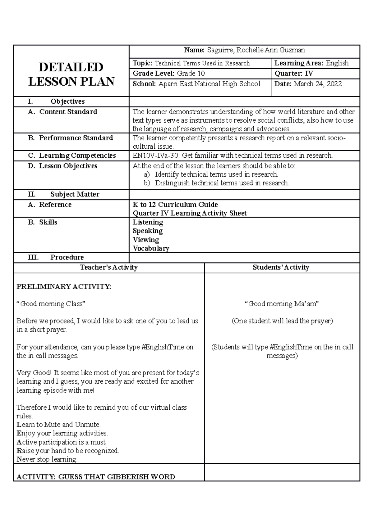 technical terms used in research lesson plan