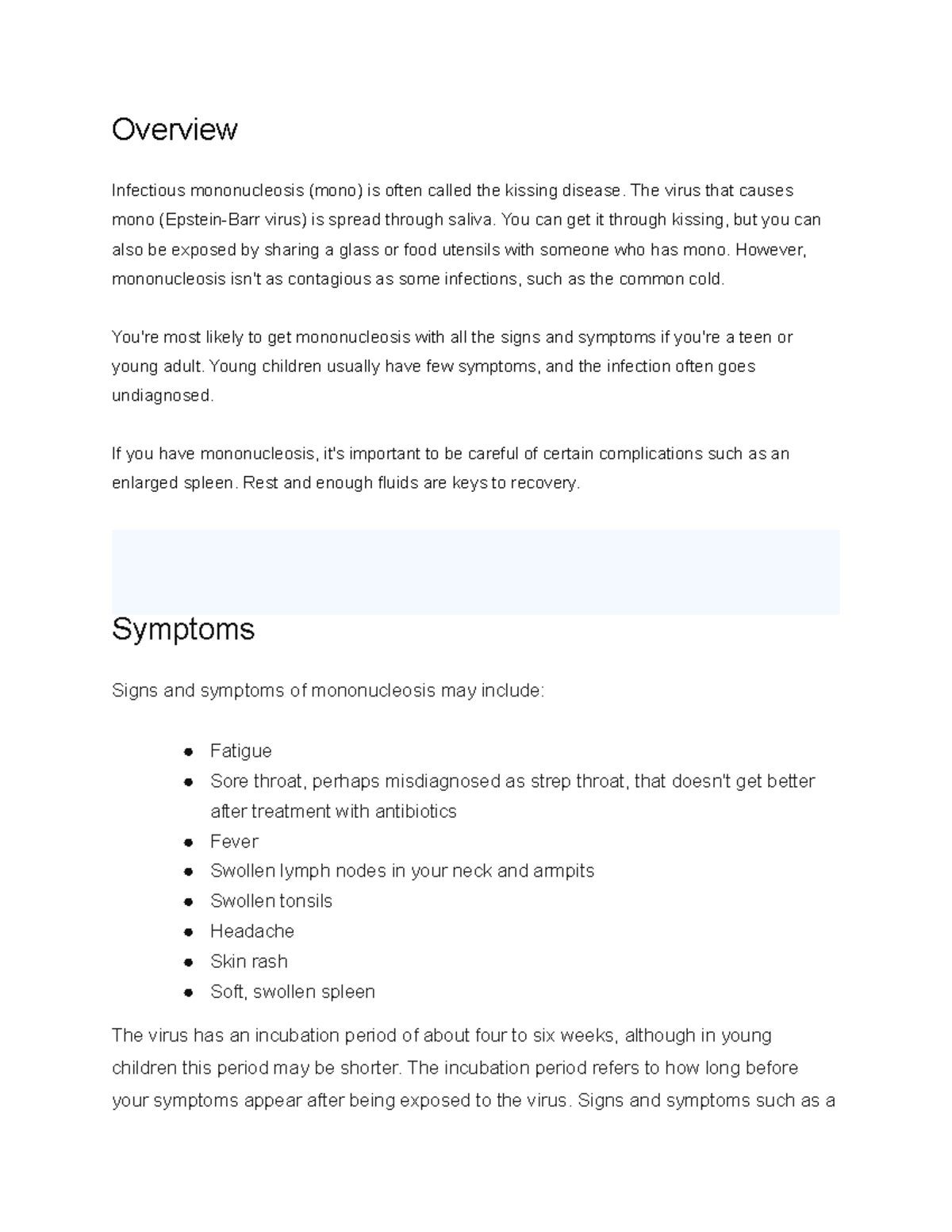 Overview monoucleosis - Overview Infectious mononucleosis (mono) is ...