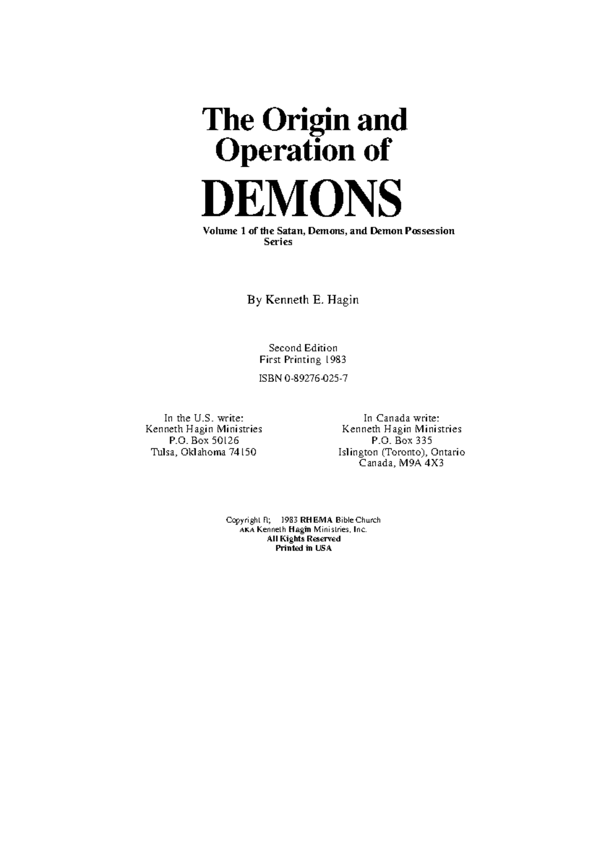 Kenneth e hagin demonology 01 the origin and operation of demons - The ...