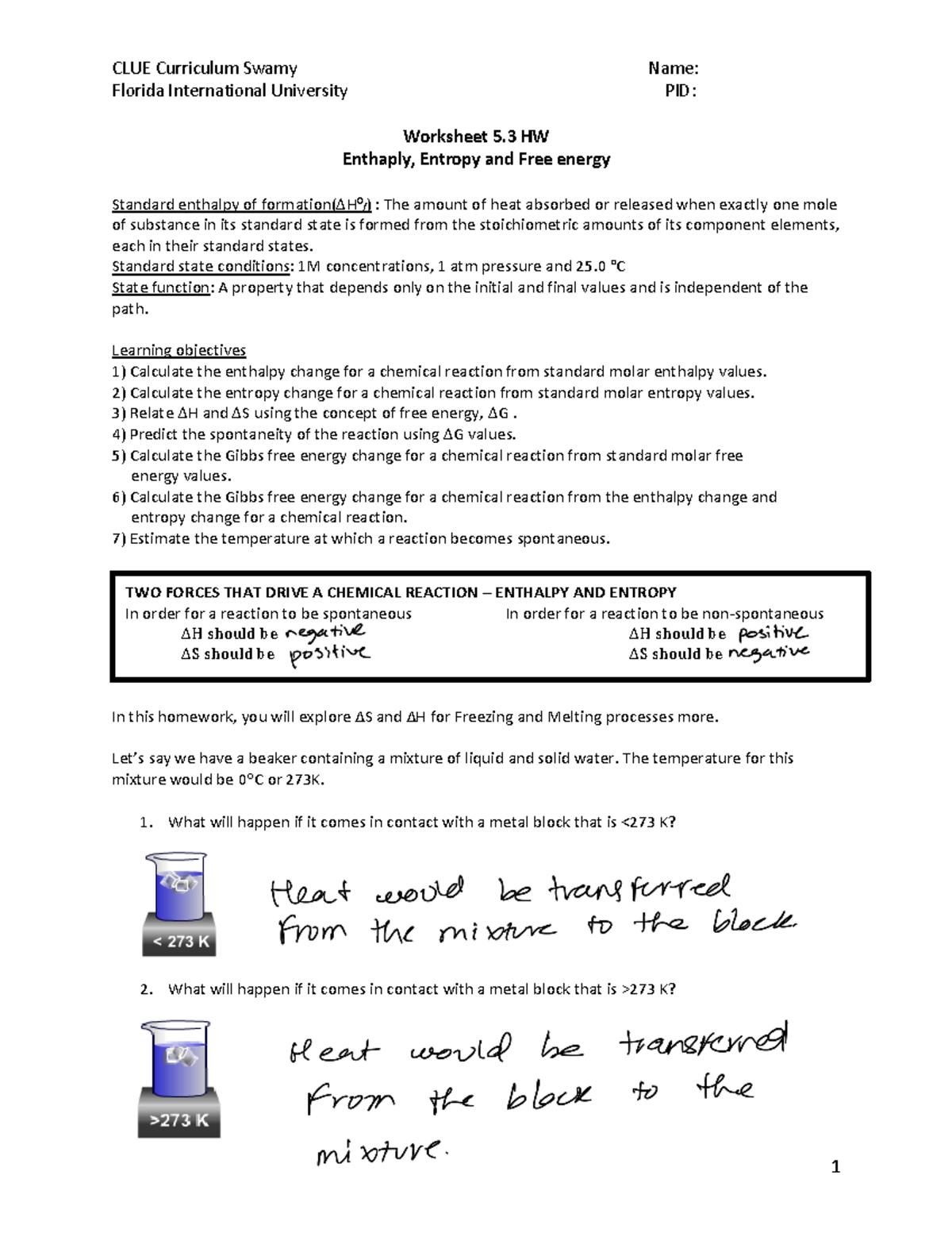 Worksheet 5.3 chemistry Florida International University PID