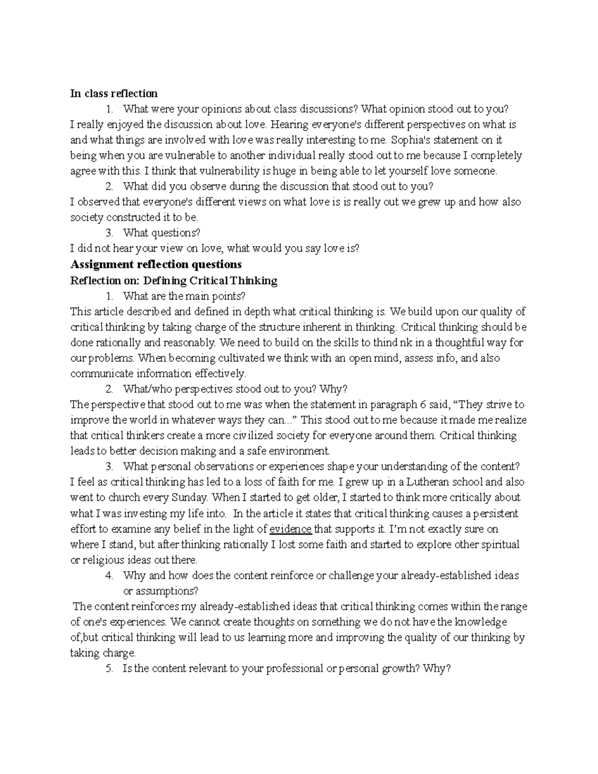 reflection essay on a class