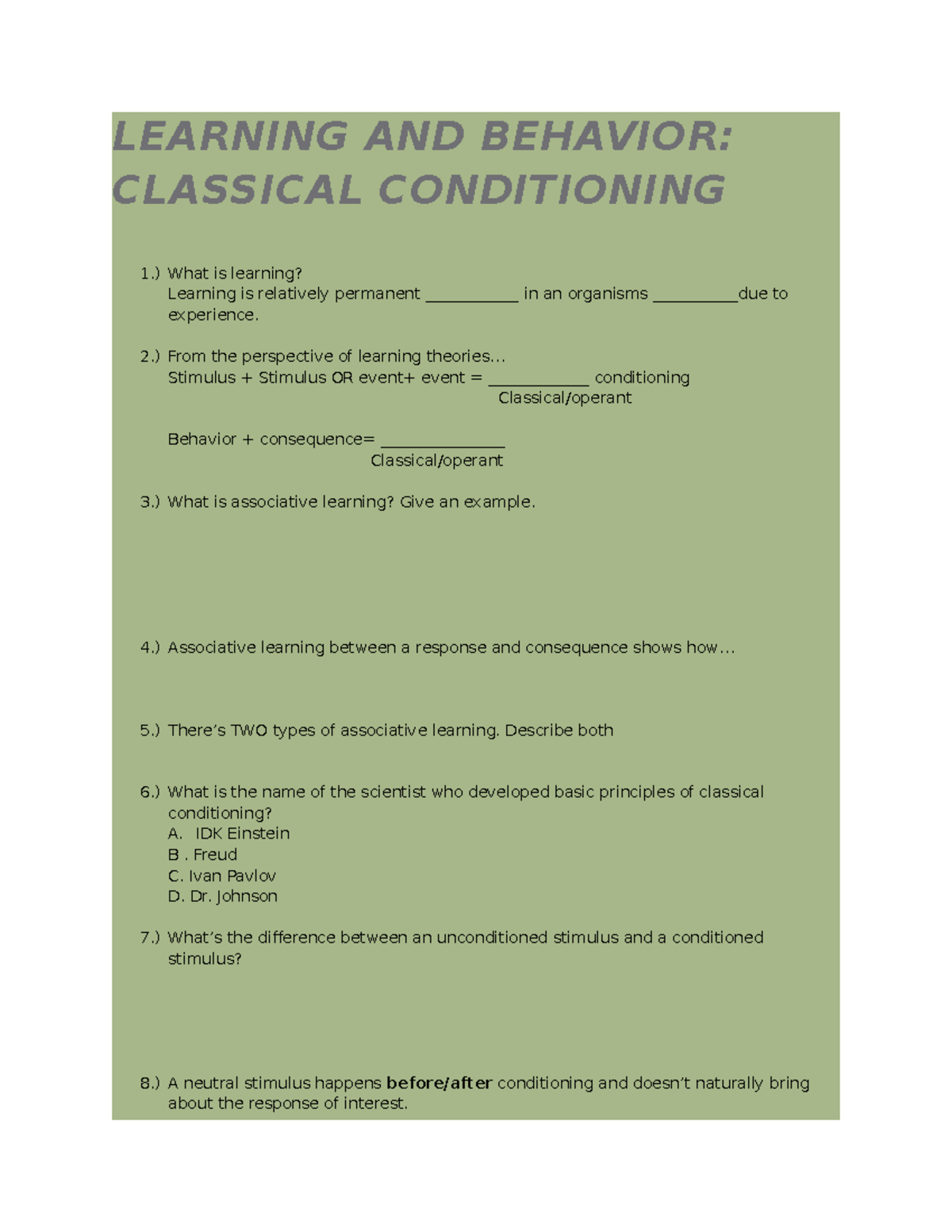 Classical Conditioning - LEARNING AND BEHAVIOR: CLASSICAL CONDITIONING ...