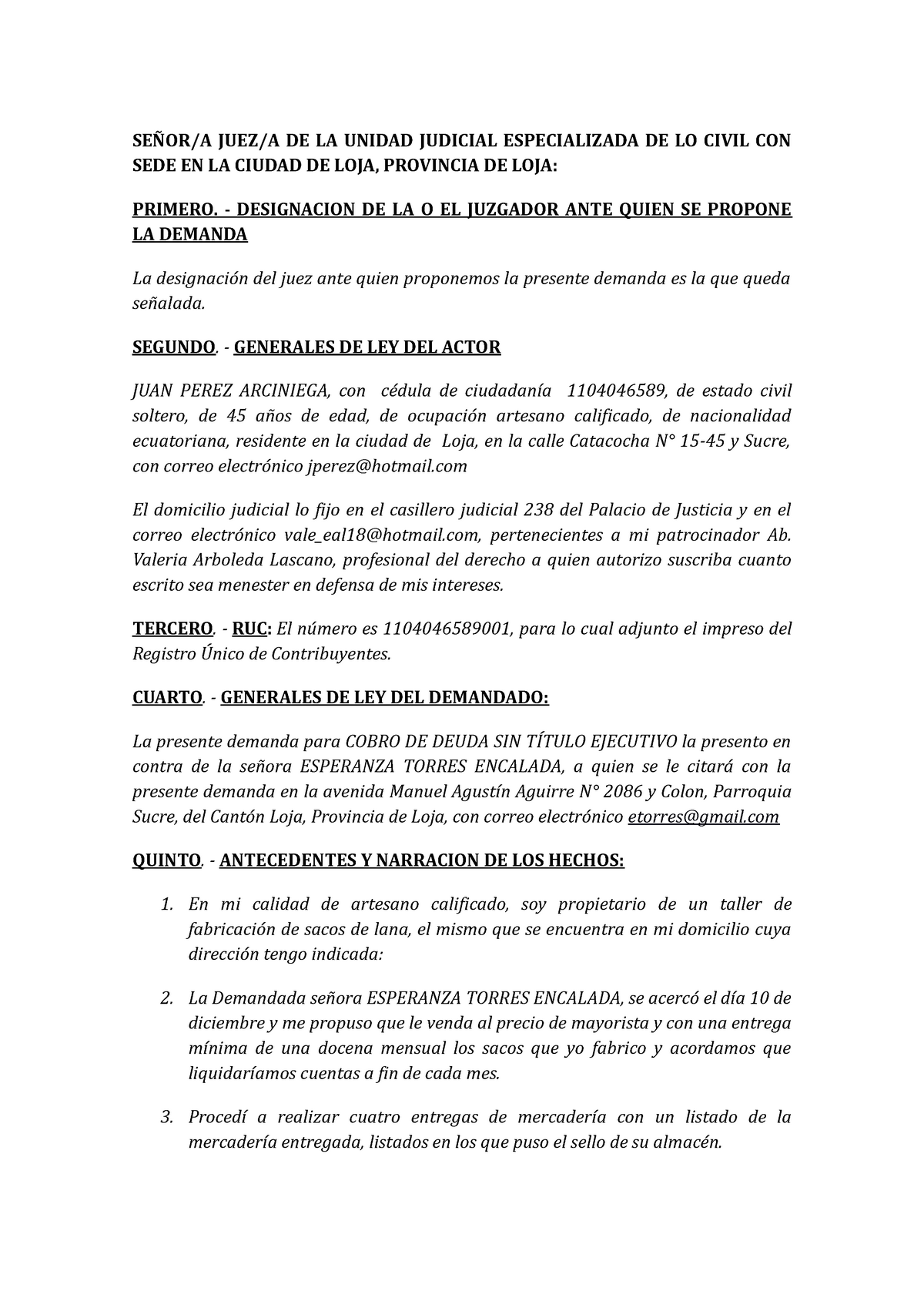 Demanda Procedimiento Monitorio SeÑora Jueza De La Unidad Judicial Especializada De Lo Civil 1775