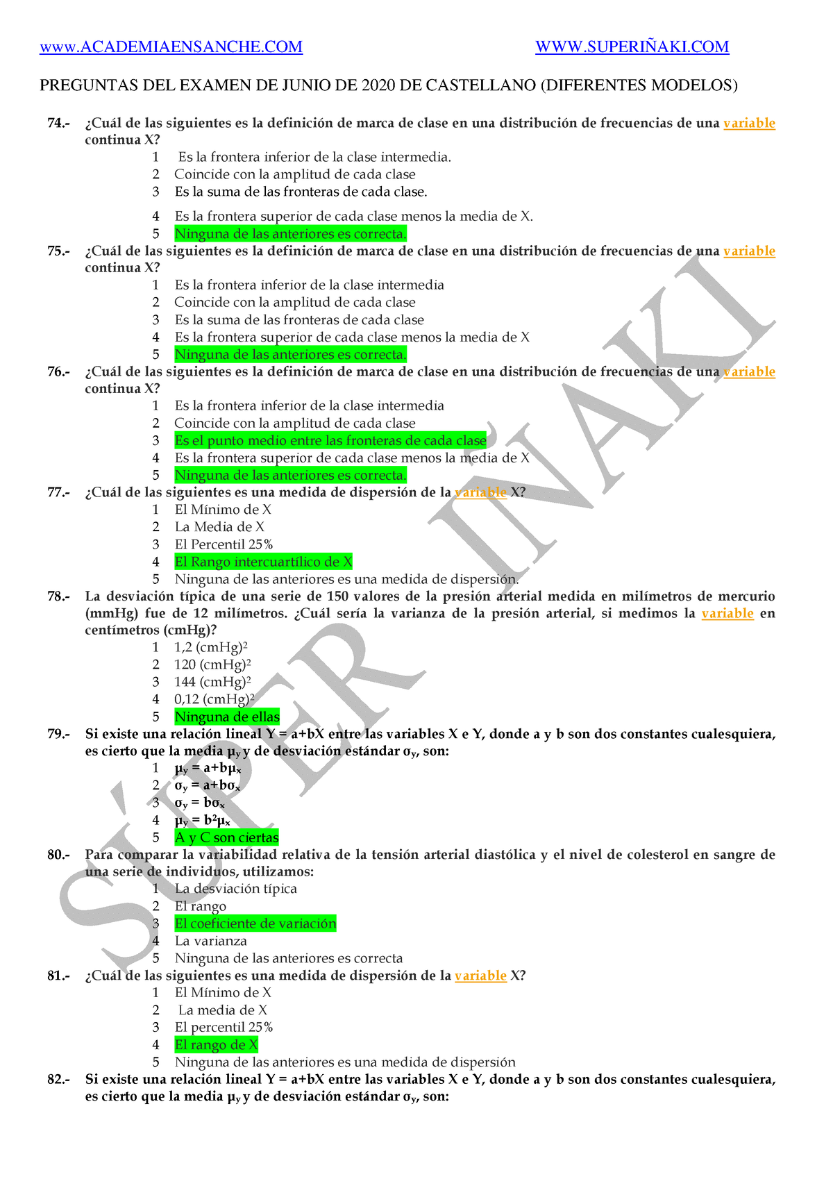 Examen 2020 Bioestadística Castellano Diferentes Modelos - PREGUNTAS ...