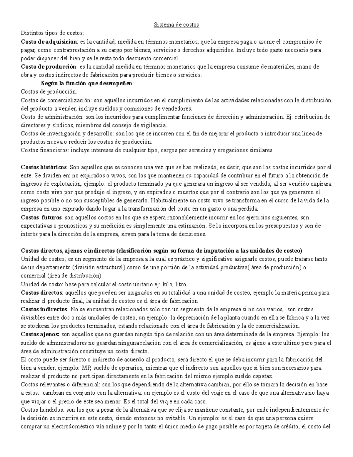 Resumen 1 Parcial Costos - Sistema De Costos Distintos Tipos De Costos ...