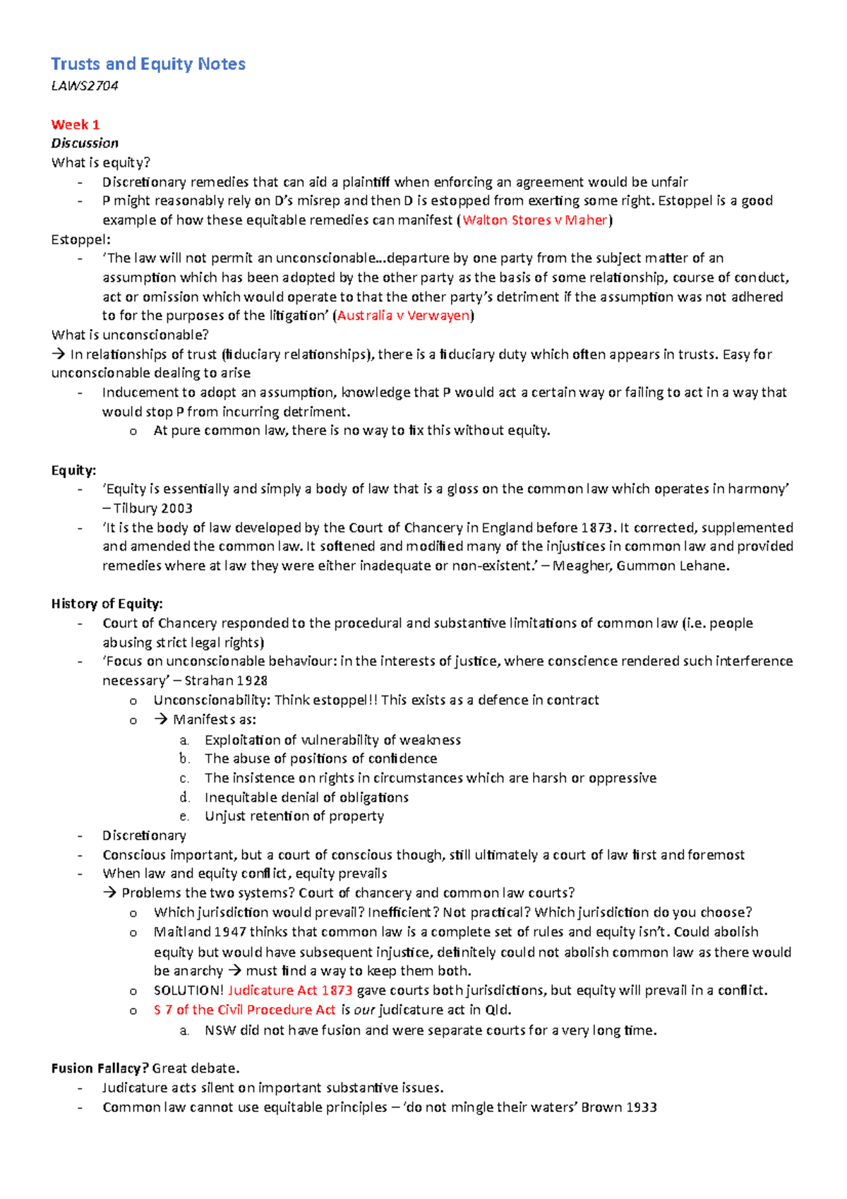 Trusts and Equity A Notes - Trusts and Equity Notes LAWS2704 Week 1 ...