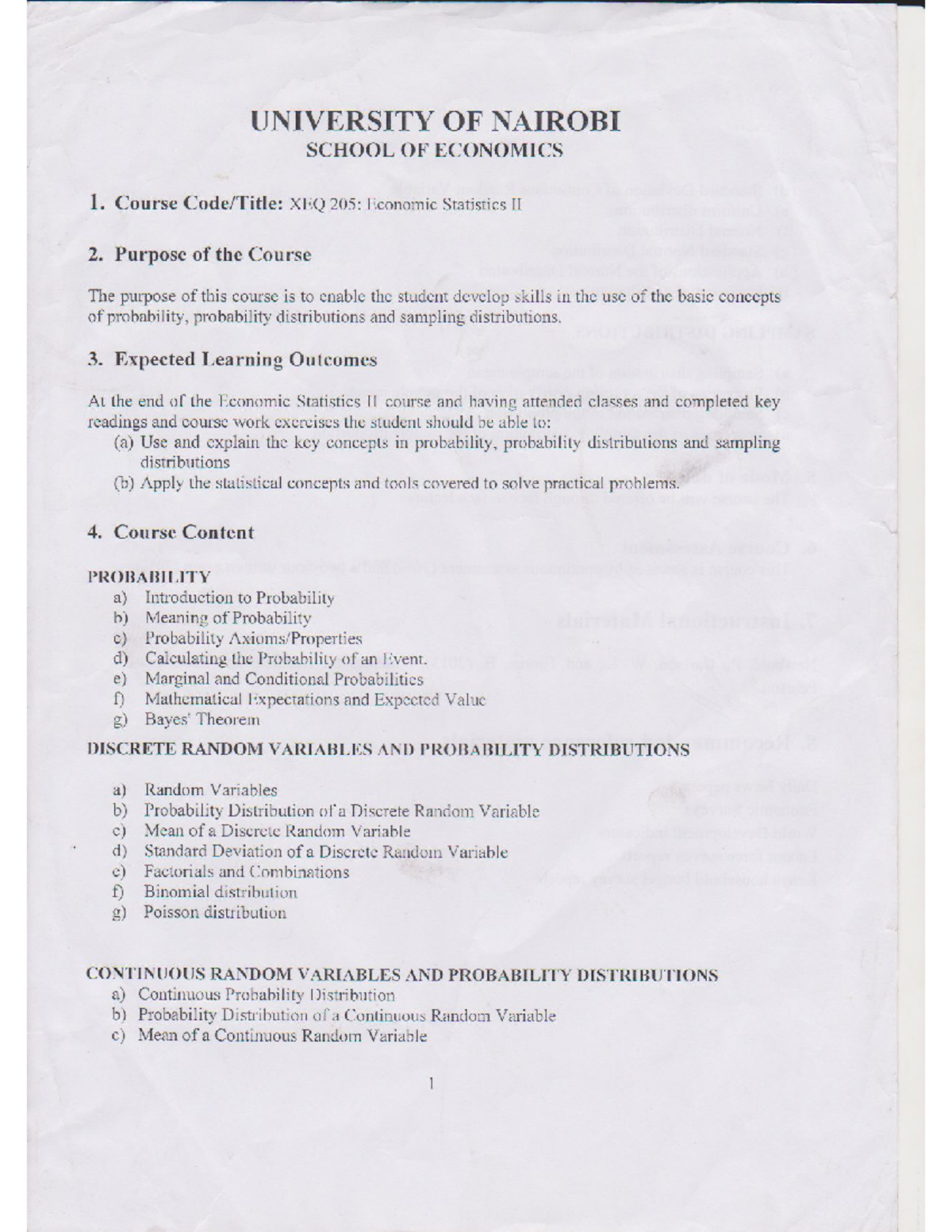 Probability And Statistics Course Outline
