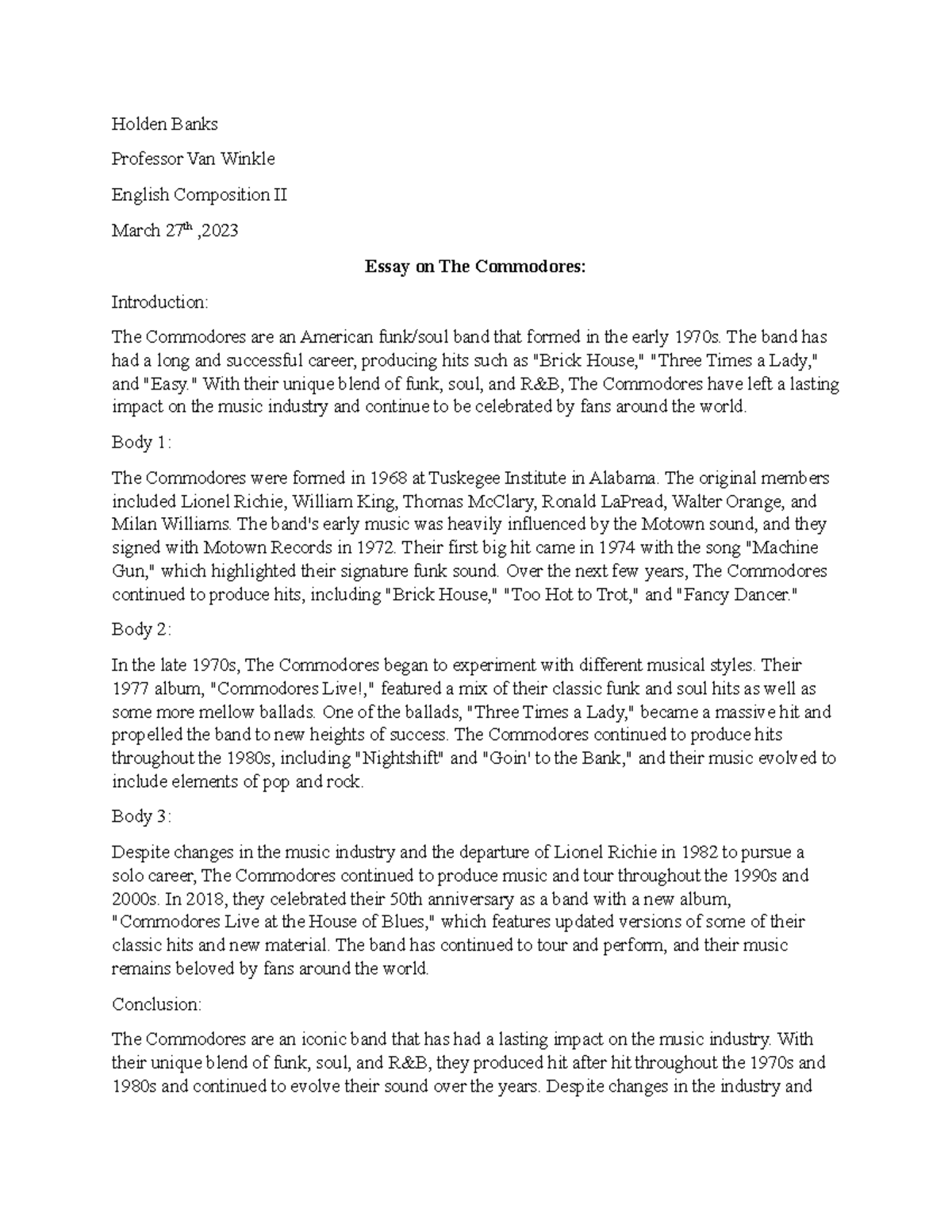 Essay on The Commodores Holden Banks Professor Van Winkle English