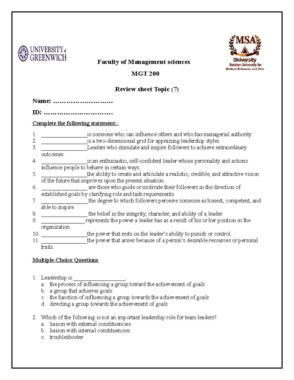 Review Sheet Topic {7} - Faculty of Management sciences MGT 200 Review ...