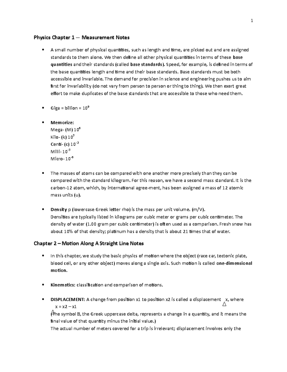 Physics Chapters 1-5.2 Notes Exam 1 - 1 Physics Chapter 1 — Measurement ...