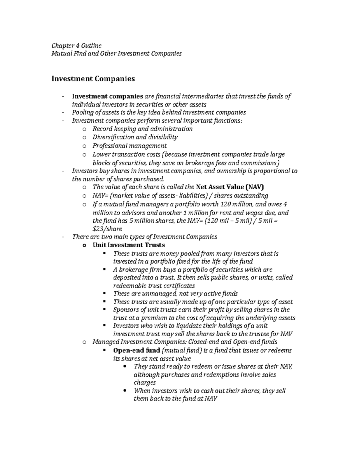 Chapter 4 Outline - Summary Essentials of Investments - Chapter 4 ...
