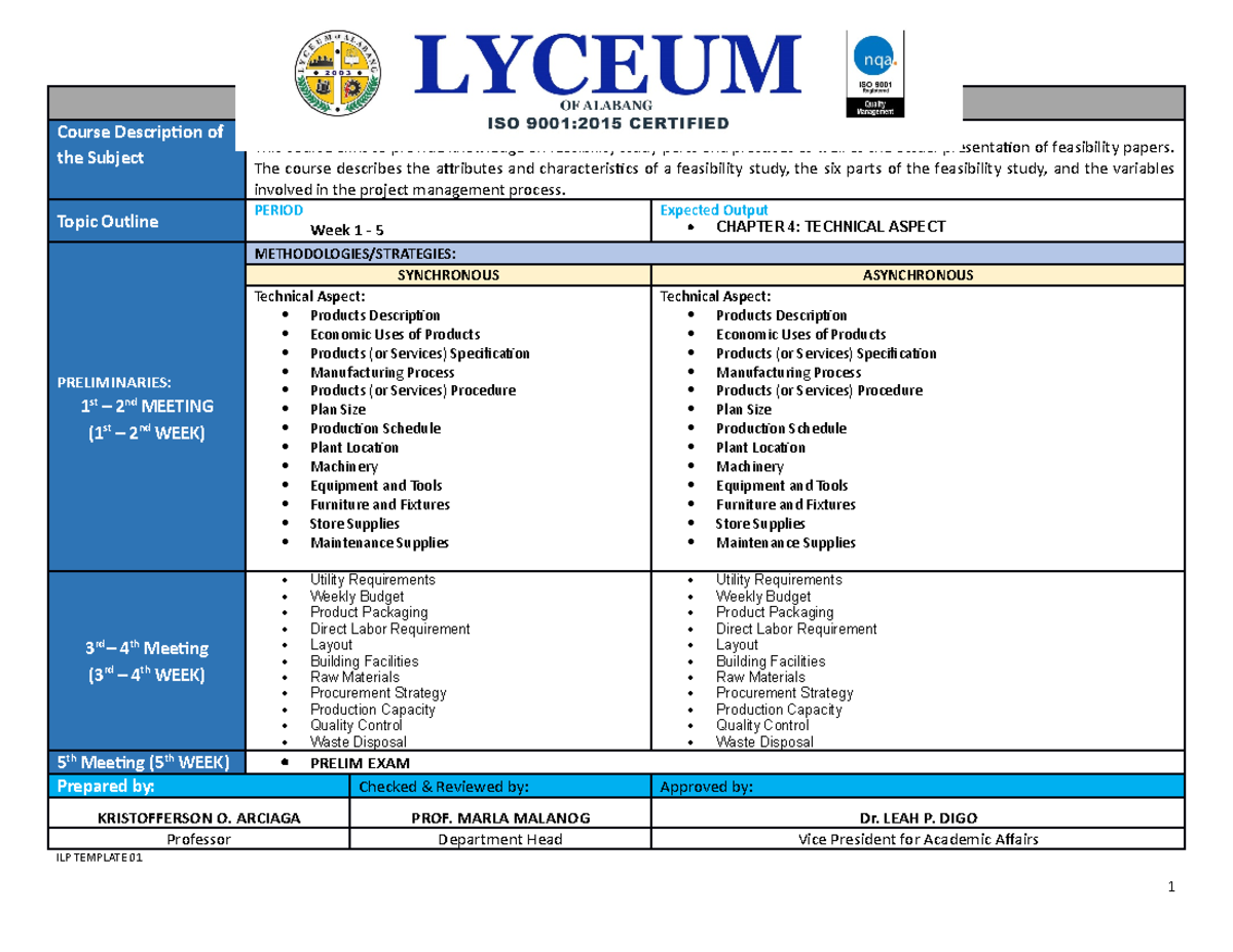Ilp Feasibility 2 Prelims Instructional Learning Plan For Subject
