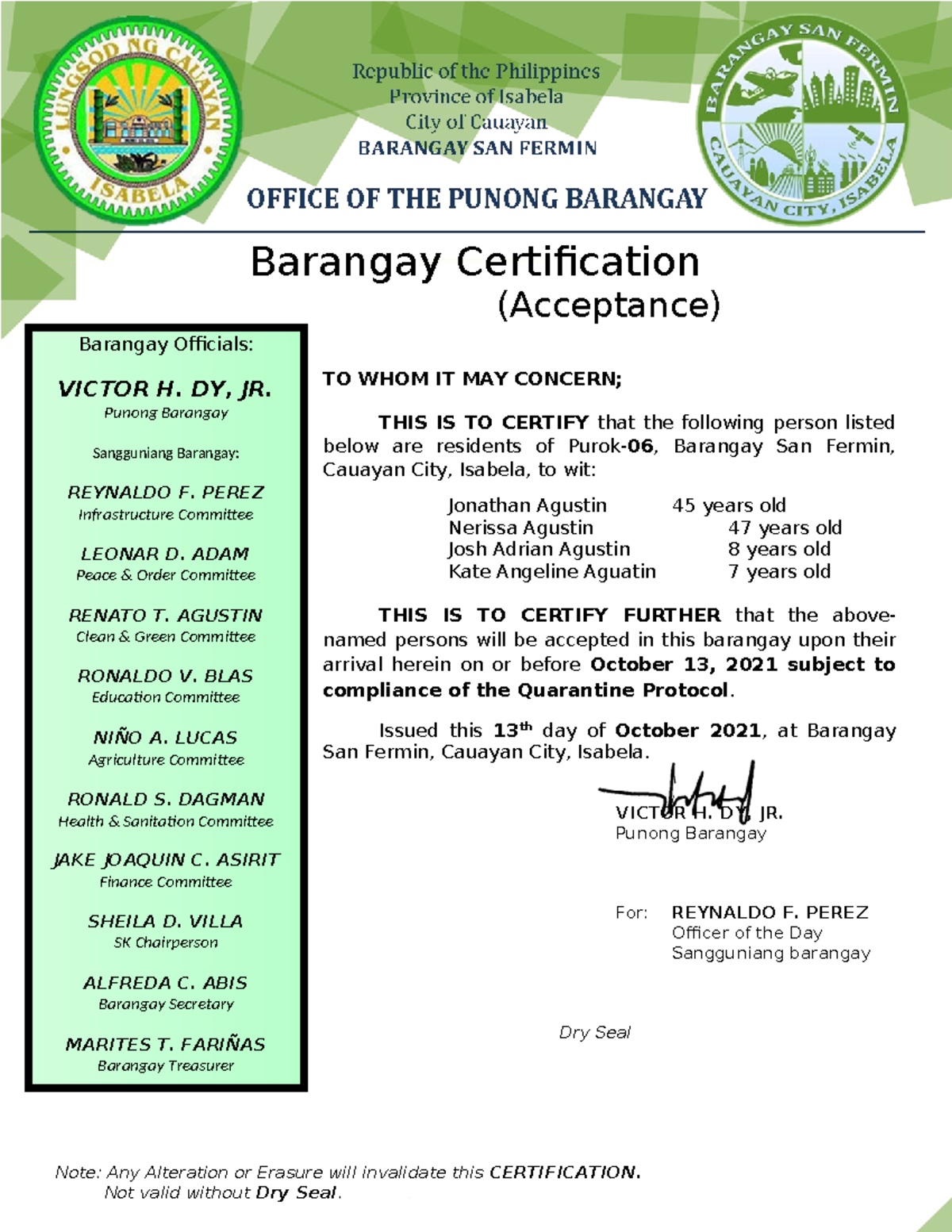 2021 Certification (Acceptance) - Reynaldo F. Perez - Barangay ...