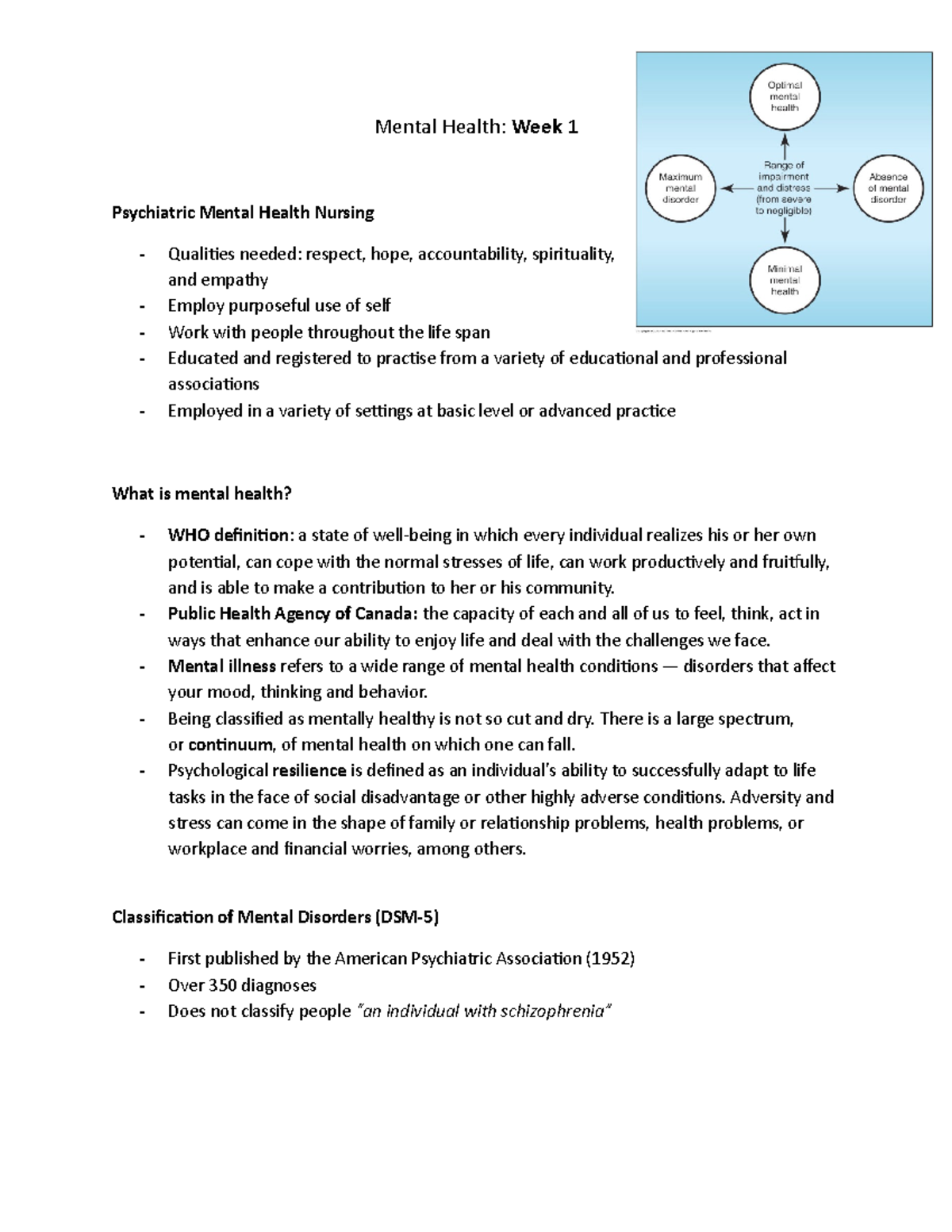 Week 1 Psychiatric Mental Health Nursing - Mental Health: Week 1 ...