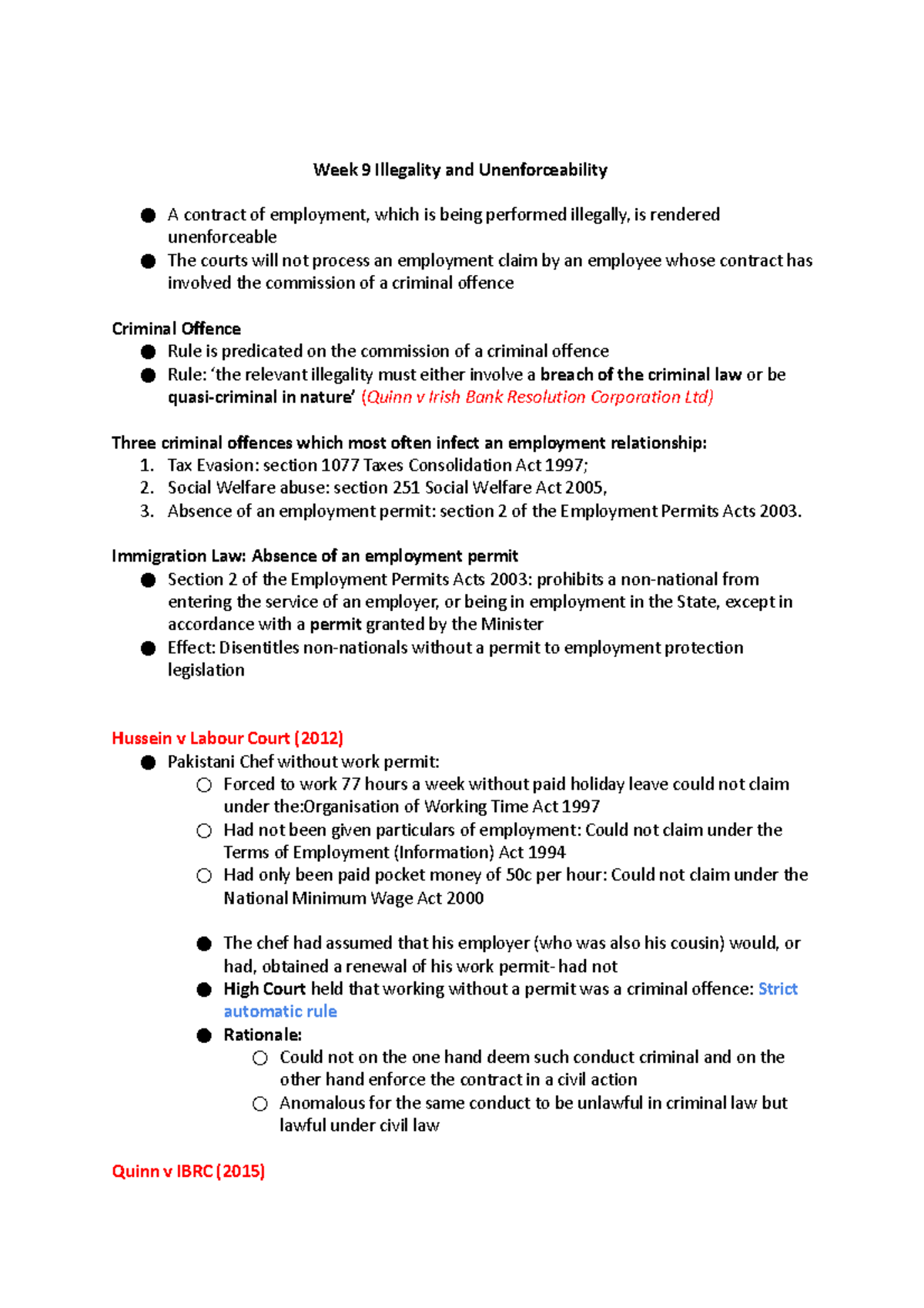 Notes- illegality and unenforceability- g - Week 9 Illegality and ...