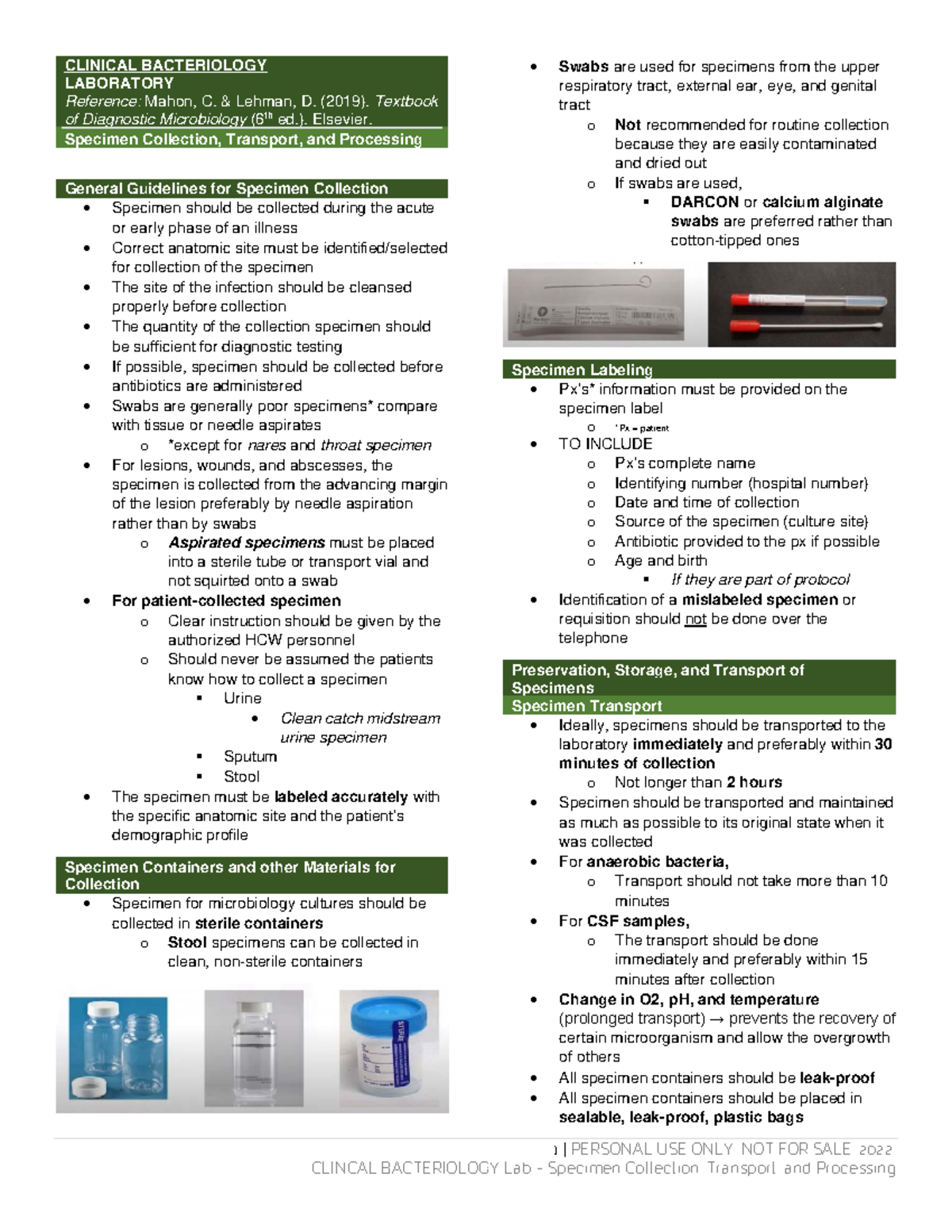 Bacte LAB 4 SpecimenCollectionTransportandProcessing 1 PERSONAL