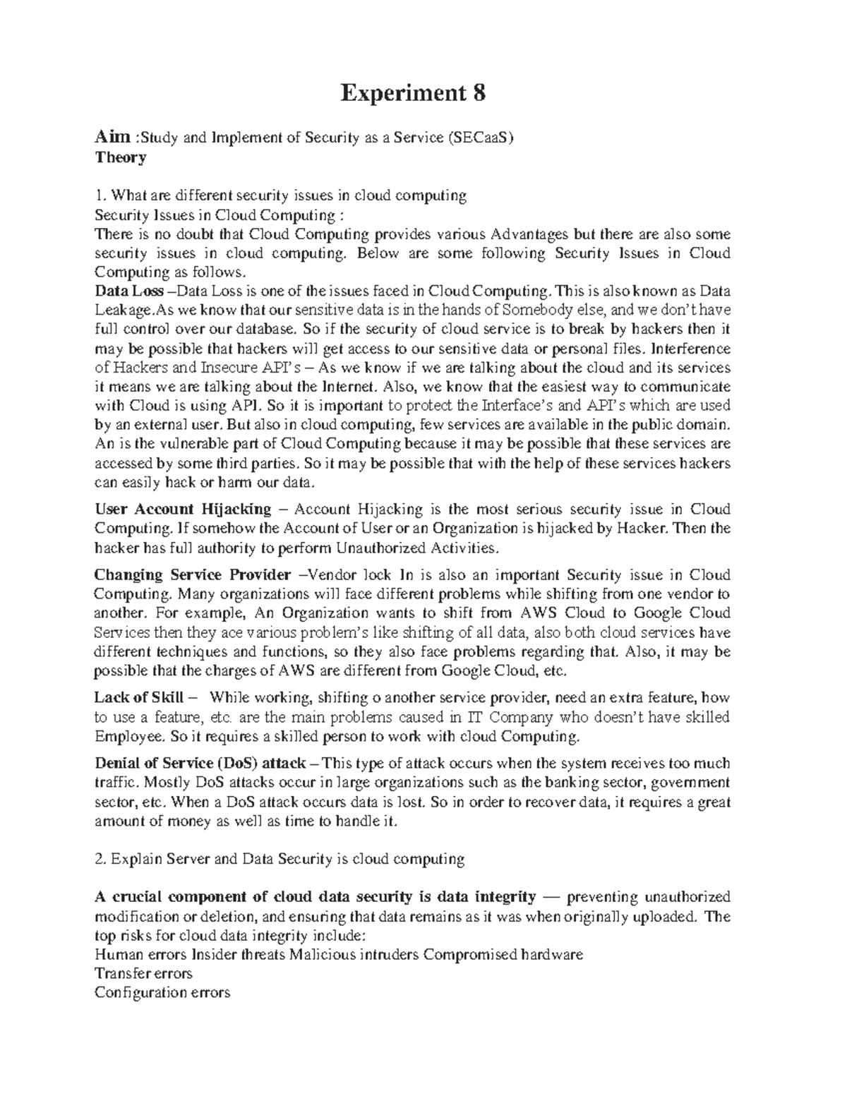 CCL EXP 8 - cloud computing lab experimets - Experiment 8 Aim :Study ...