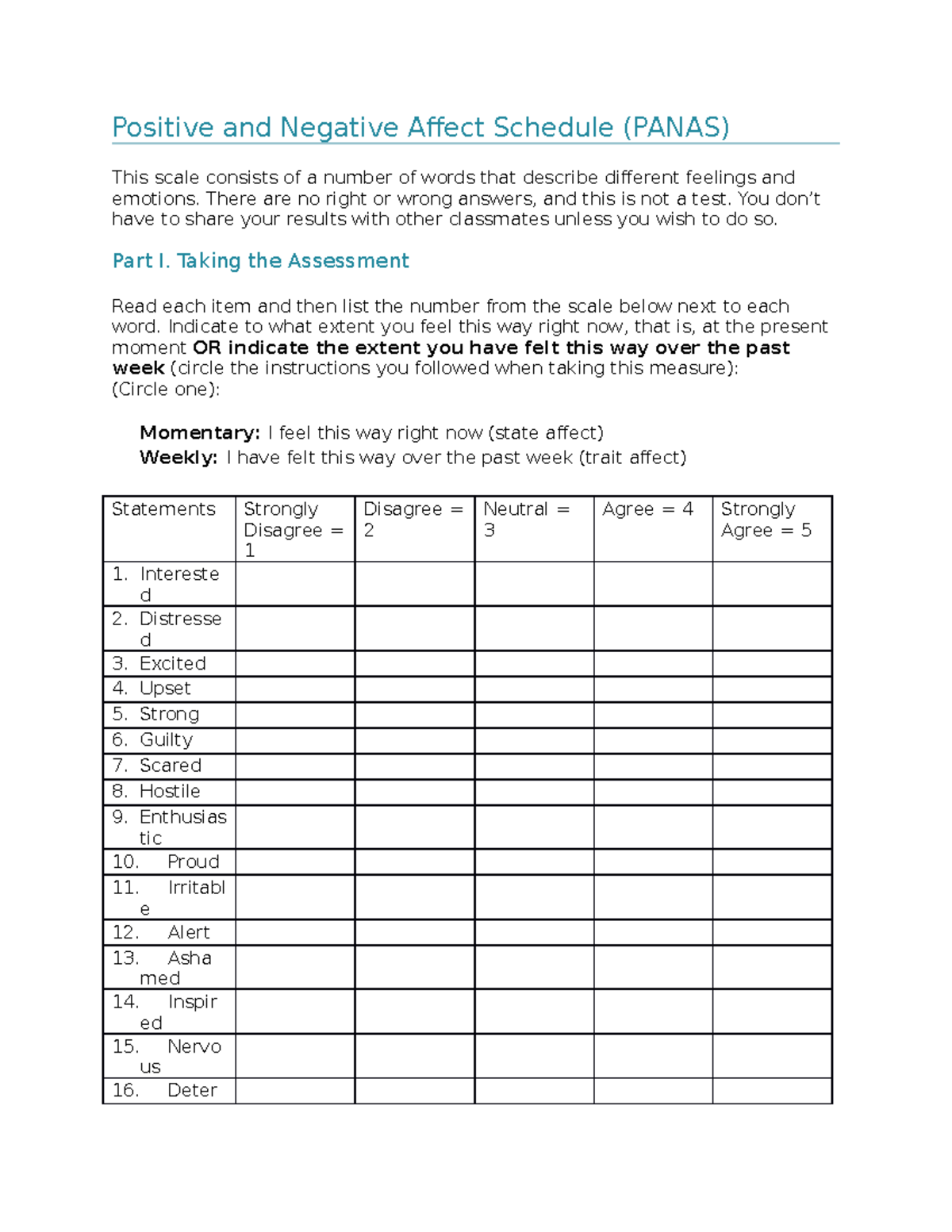 Positive And Negative Affect Schedule ( Panas)-1 - Positive And ...